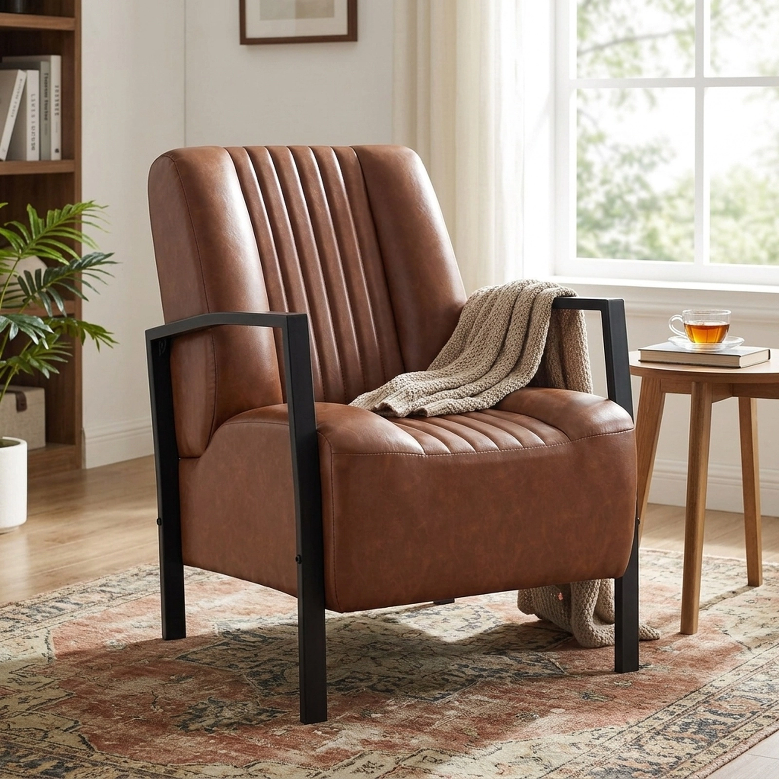 SUGIFT Brown PU Leather Accent Lounge Chair with S-Spring Seat and Metal Legs