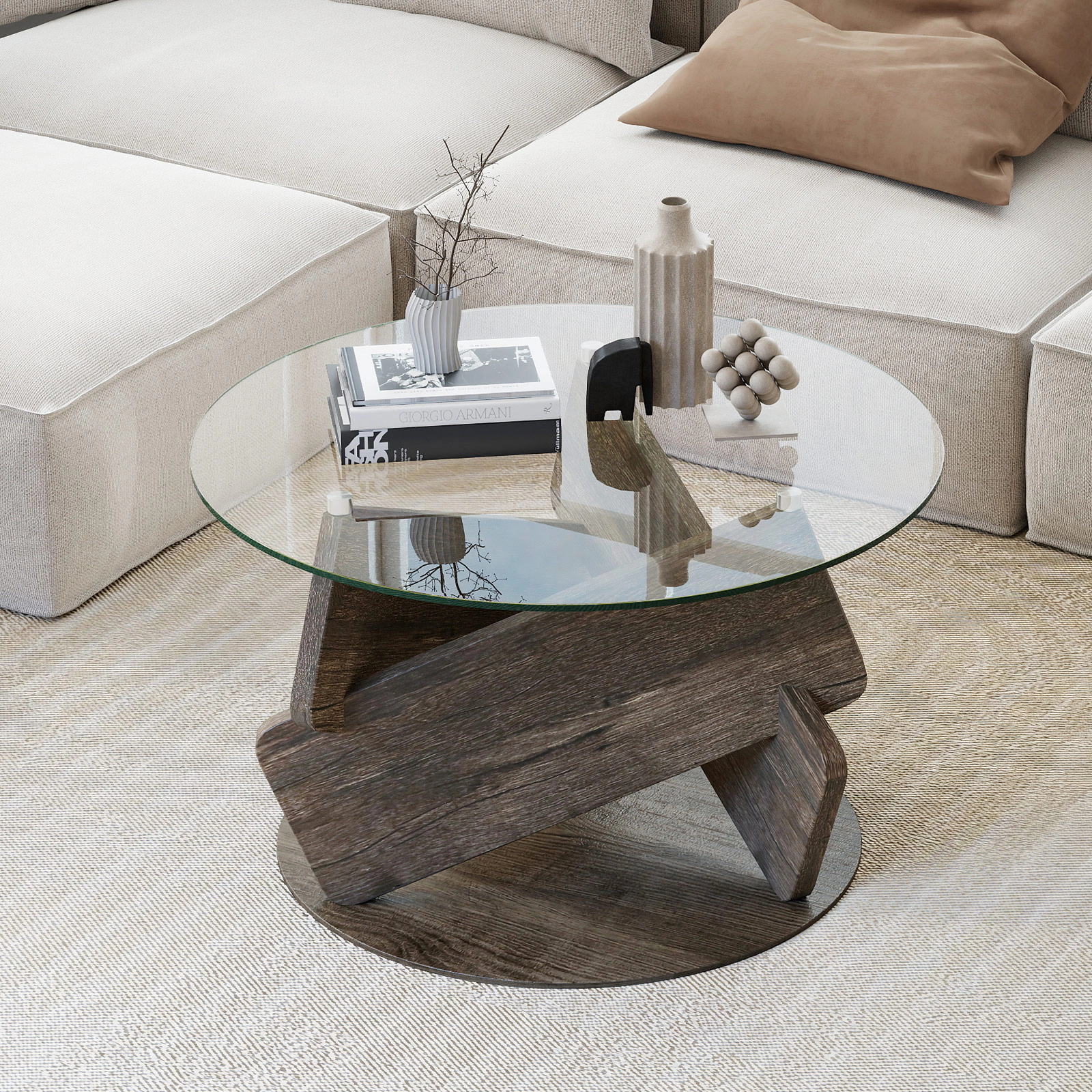 LJG Round Glass Coffee Table 32 Inch Modern Center Table with Tempered Glass Top