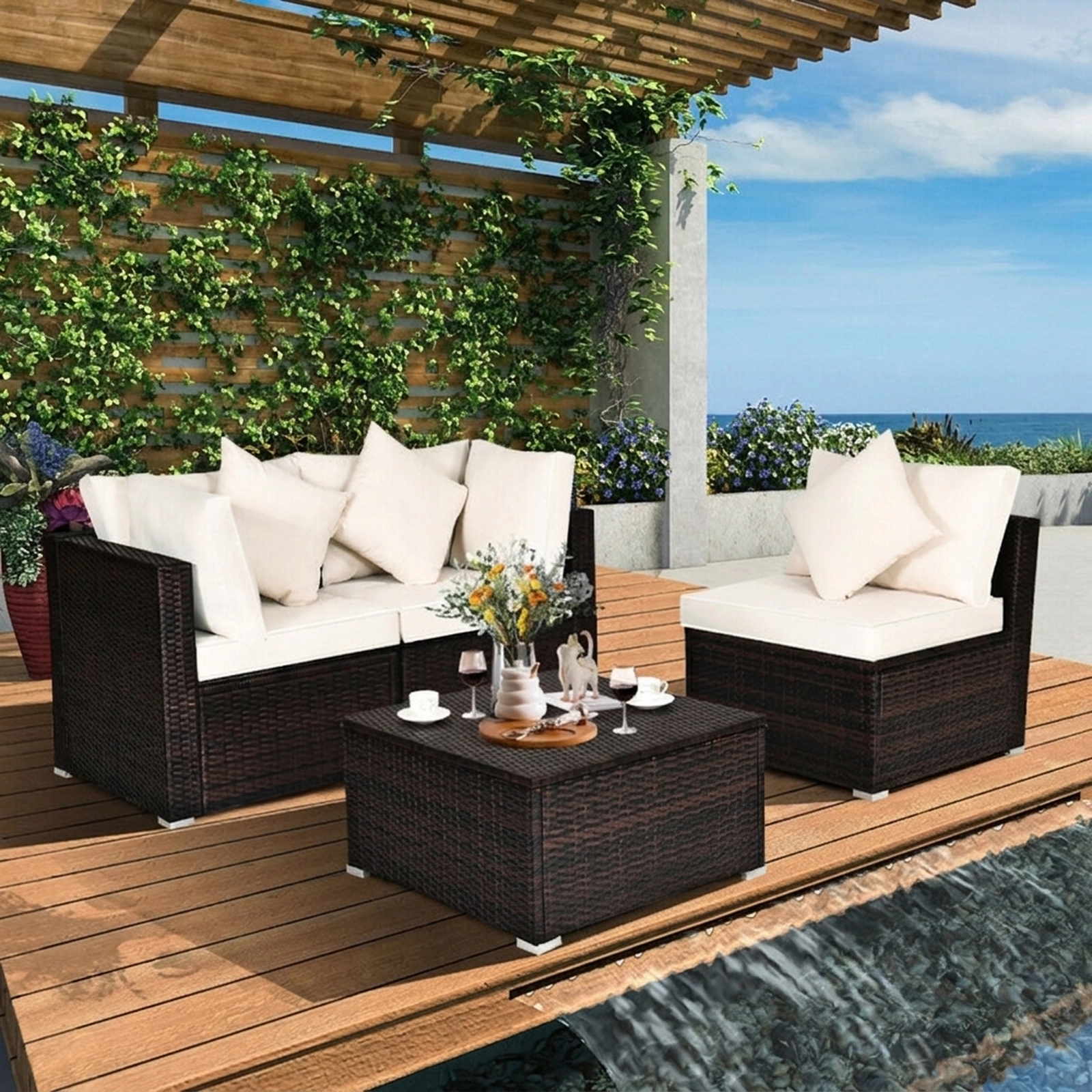 SUGIFT 4-Piece White Wicker Outdoor Patio Sectional Set with Ottoman