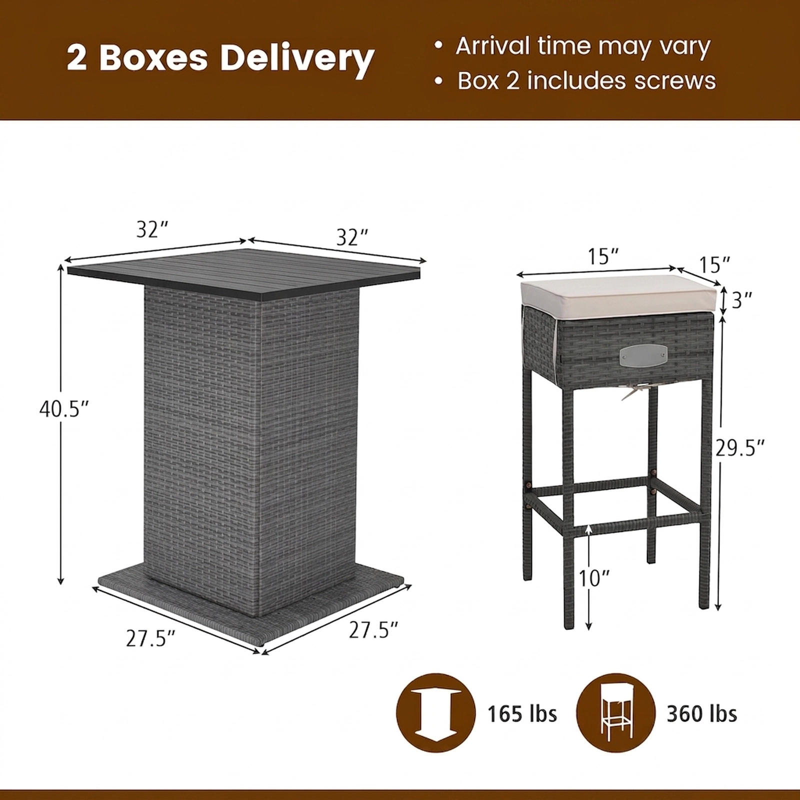 SUGIFT 5-Piece Gray Outdoor Wicker Bar Set, 40.5-in Table, Hidden Storage, 4 Cushioned Stools