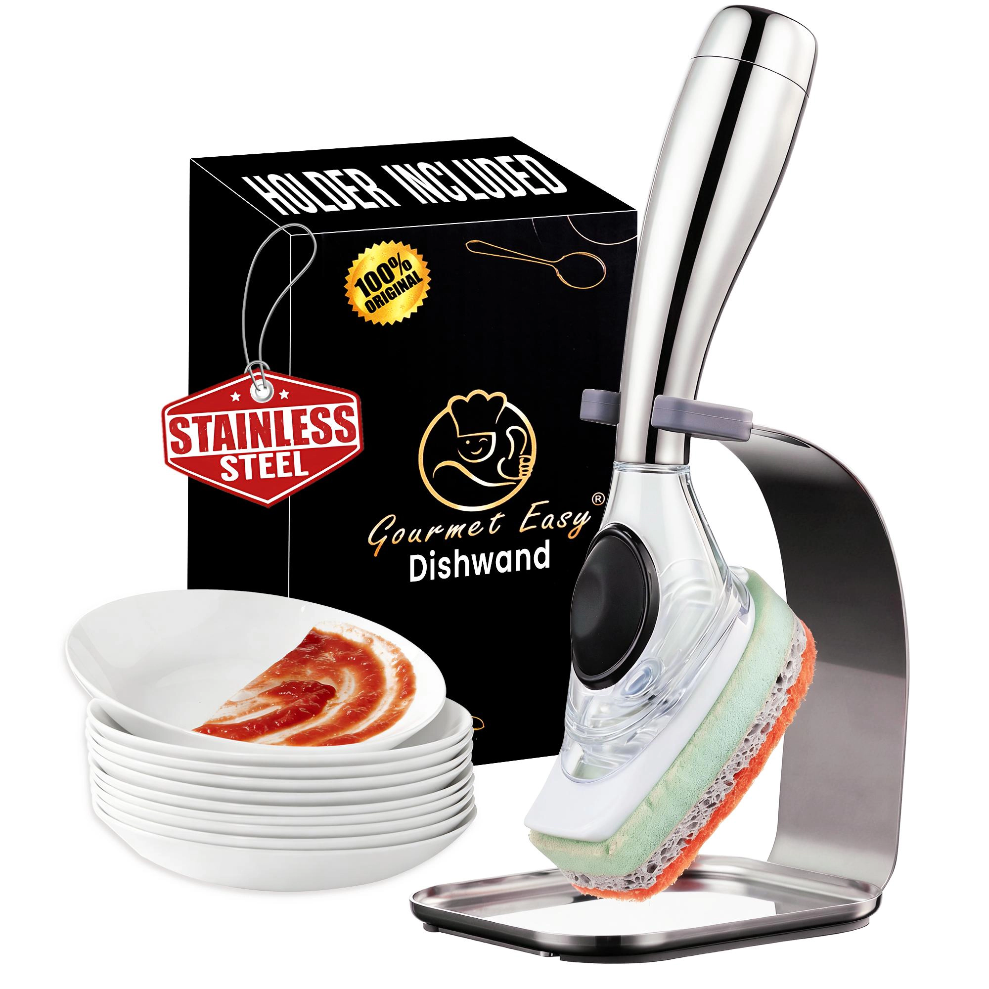 Gourmet Easy Dish Scrubber Stainless Steel Handle & Easy Storage Holder