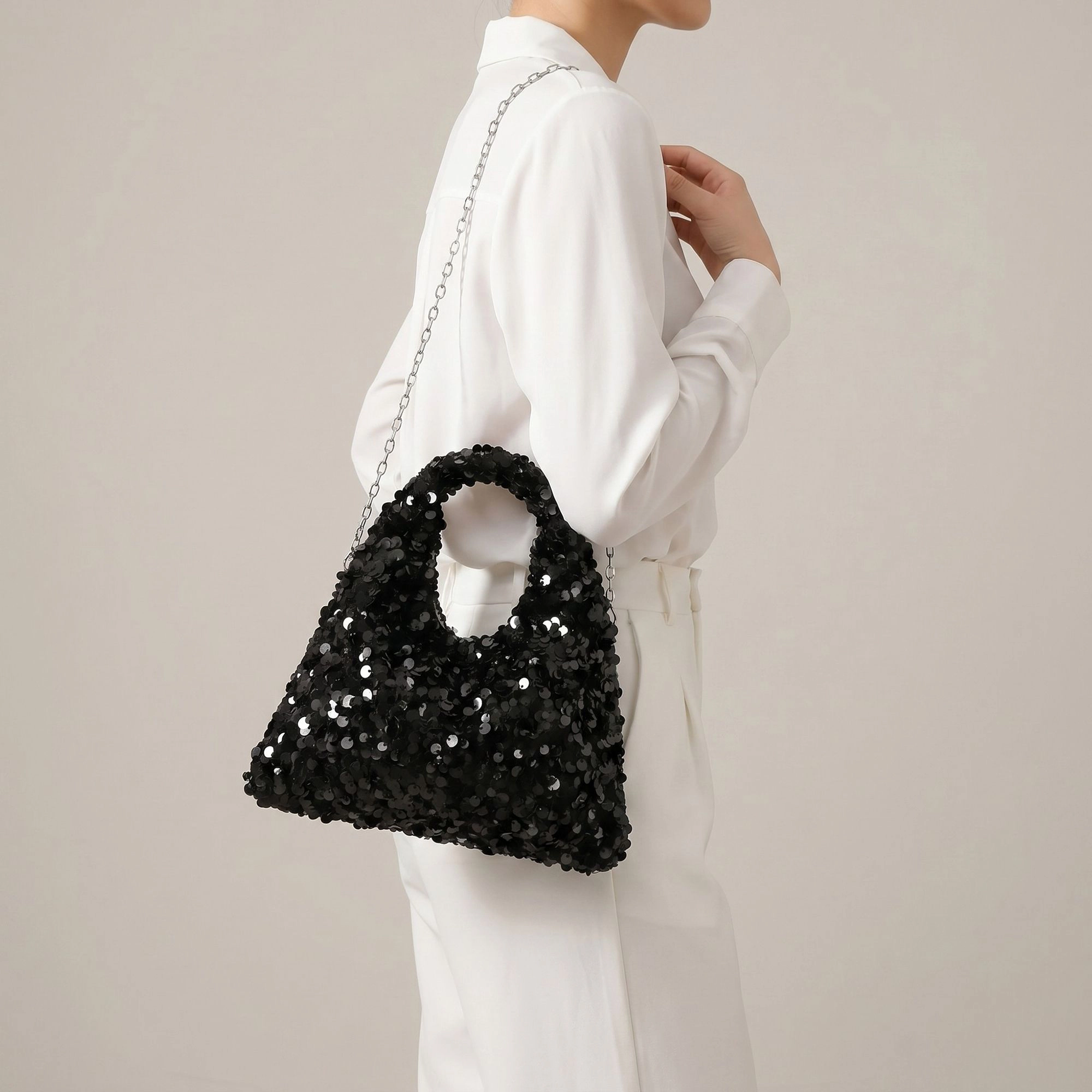 Alilang Women's Sequin Top Handle Mini Bag with Round Cutout and Chain Strap