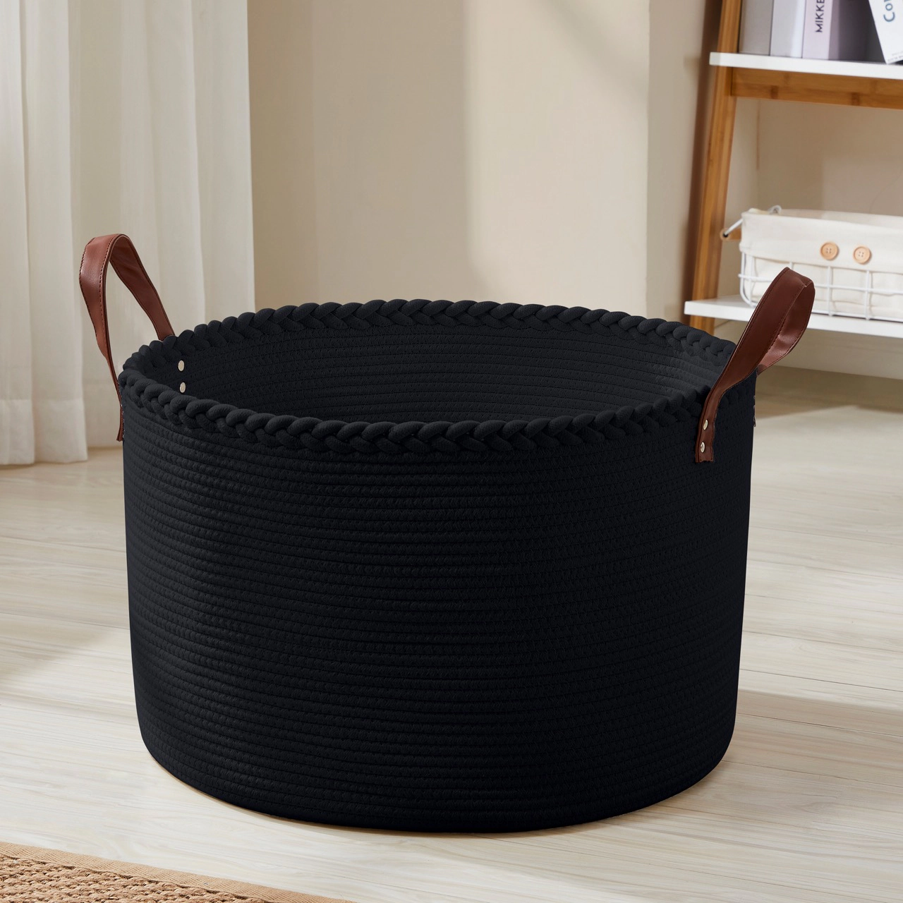Ornavo Home Extra Large Round Cotton Rope Storage Basket Laundry Hamper with Leather Handles
