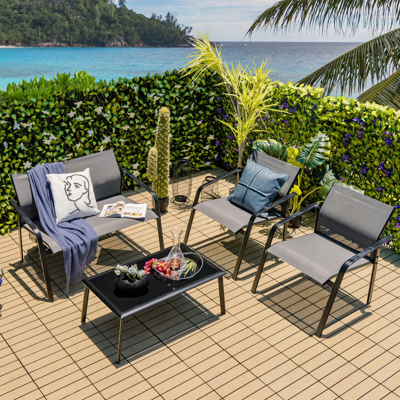 SUGIFT Gray Loveseat and Tempered Glass Table 4-Piece Patio Sling Fabric Sofa Set
