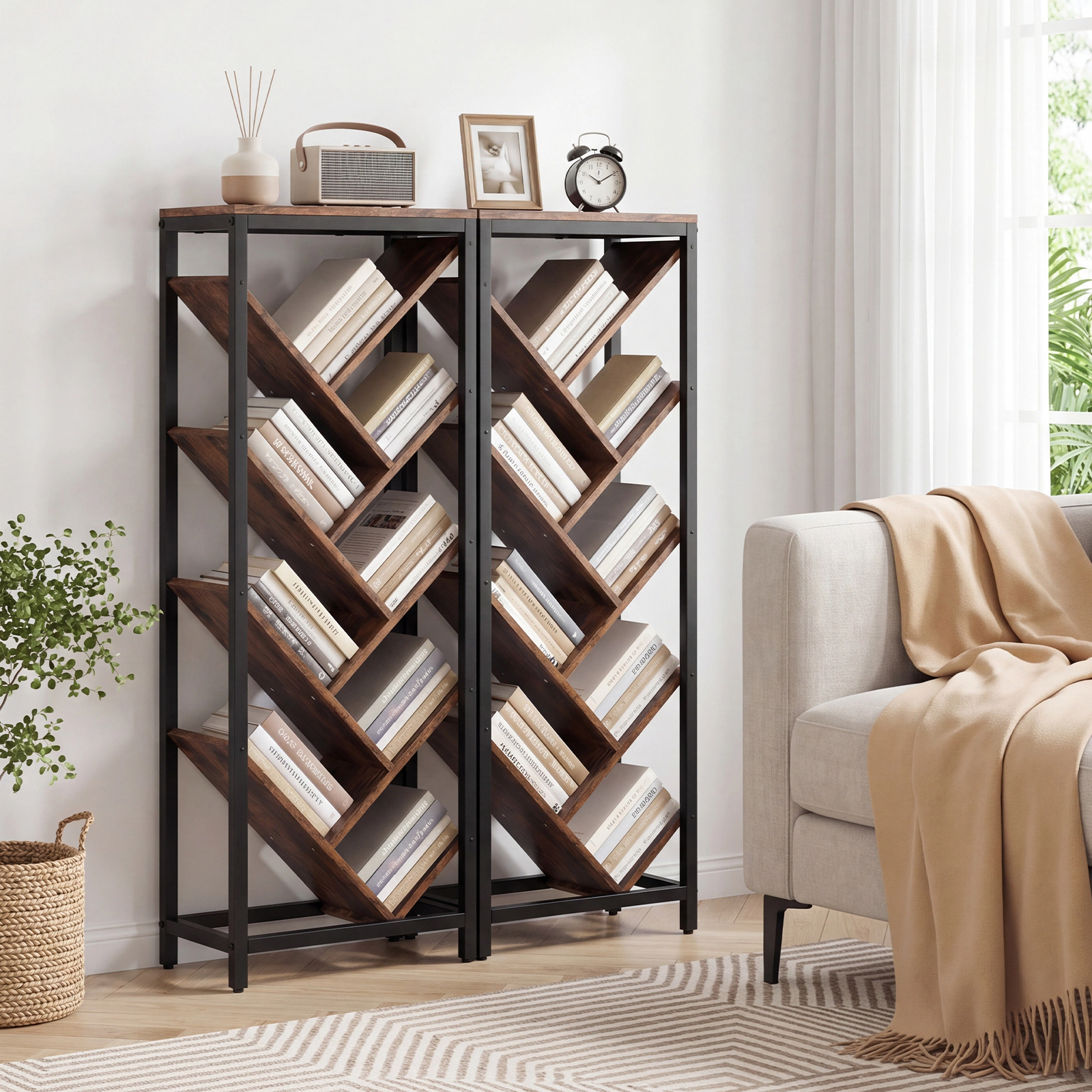 Costway Tree Bookshelf 9-Tier Freestanding Bookcase Corner Narrow Display Shelf for Home White & Gold