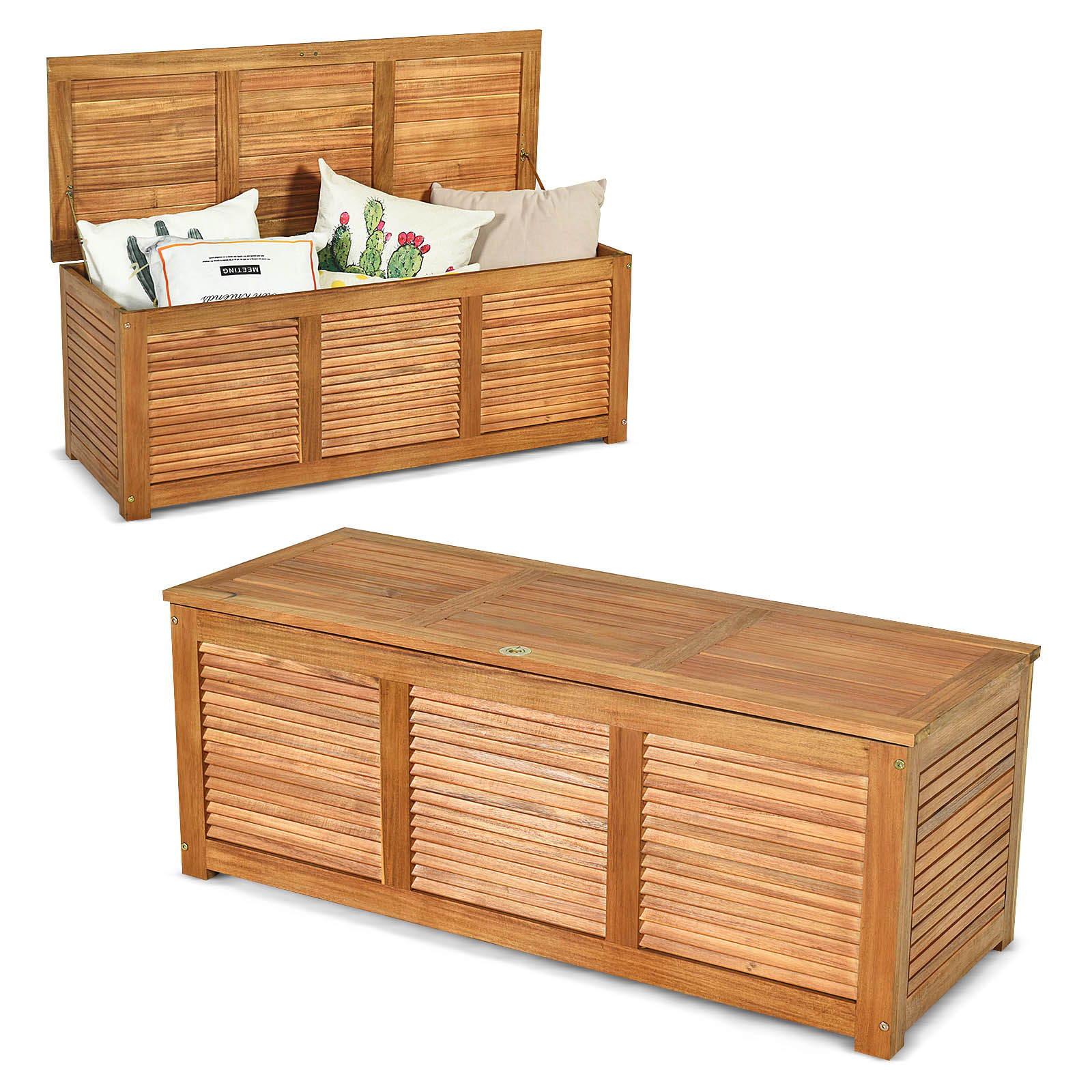 SUGIFT 46-Gallon 355-lb Capacity Acacia Wood Outdoor Storage Box and Bench with Galvanized Flip-Top Lid