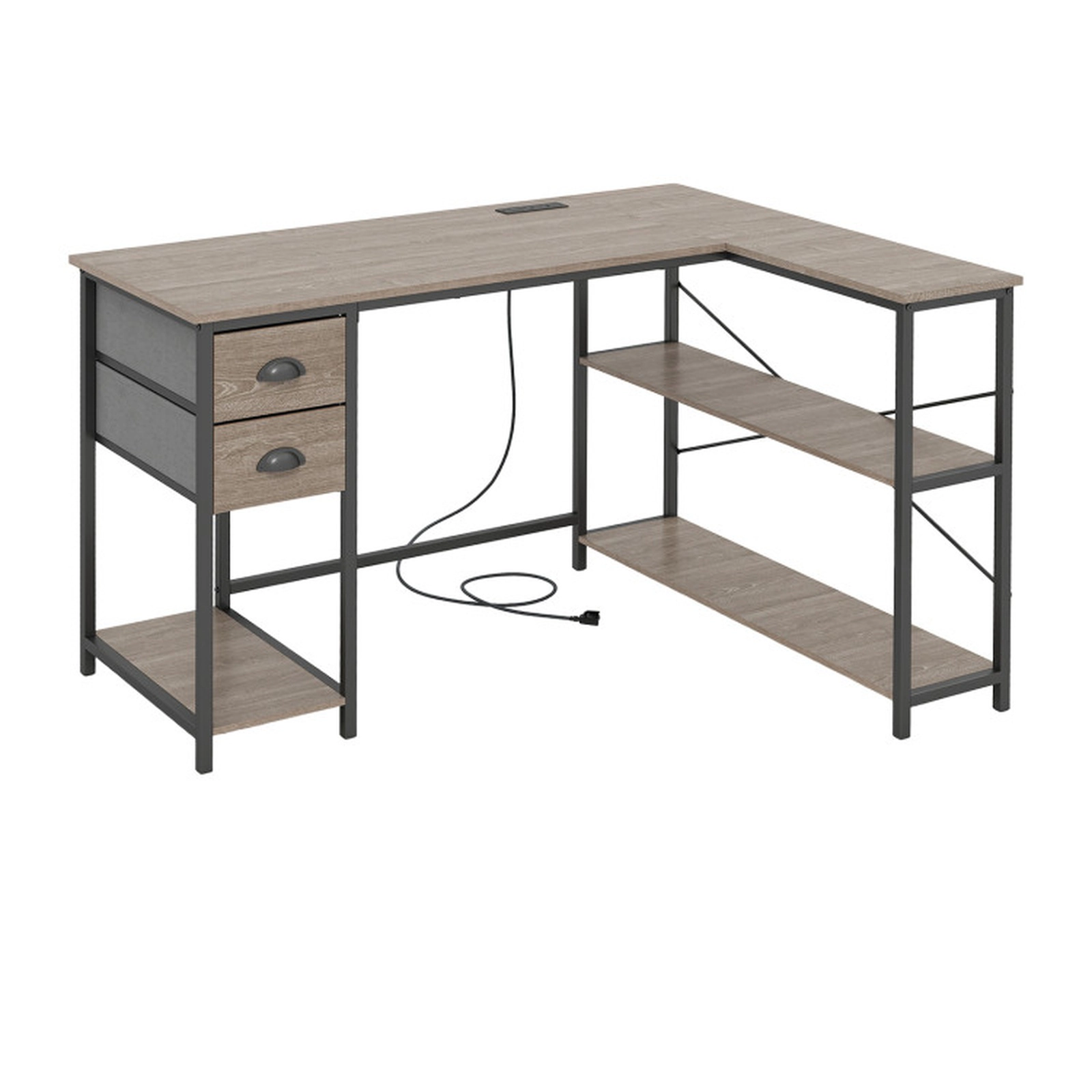 SUGIFT Power Strip USB Type-C 2 Fabric Drawers L-Shaped Computer Desk 48-in x 38-in x 29.5-in 110-lb Capacity Oak