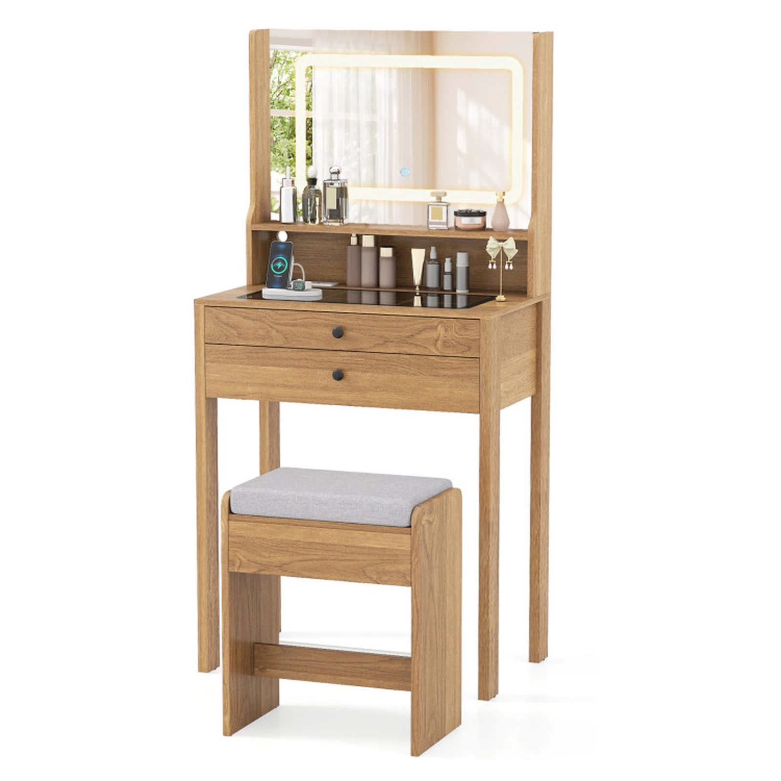 SUGIFT Natural Compact Vanity Desk Set with Lighted Mirror, 2 Drawers and Cushioned Stool