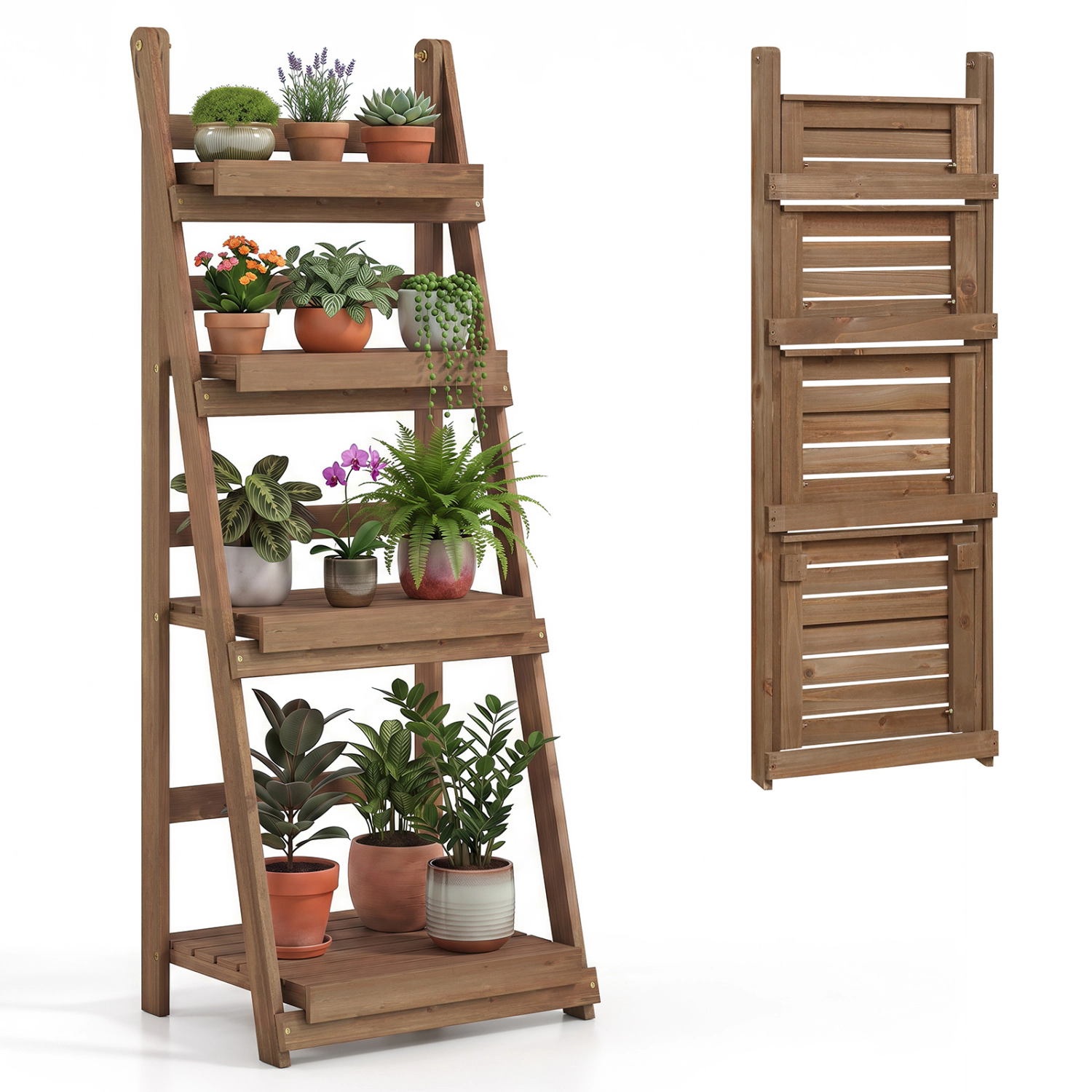 LJG 4-Tier Foldable Plant Stand with Slatted Shelves for Garden