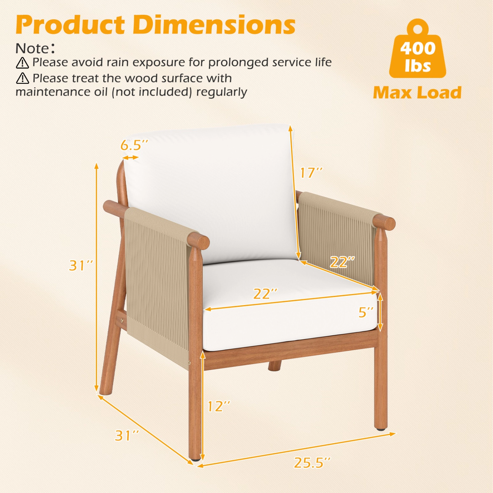 SUGIFT Boho Woven Rope Armrests Dining Chair 400-lb Capacity with Seat and Back Cushions White/Gray