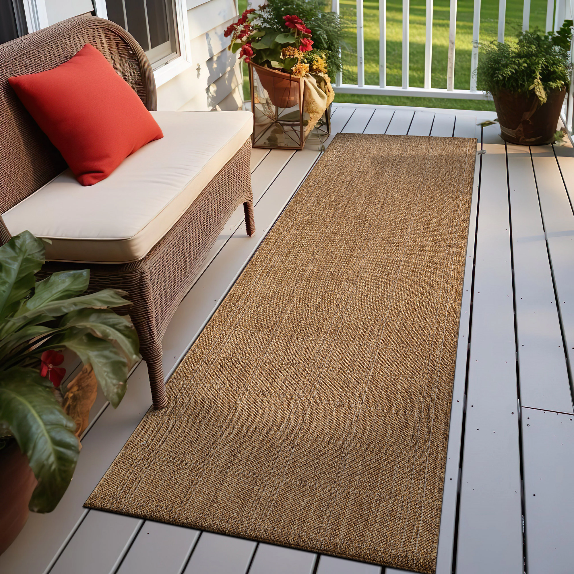 World Rug Gallery Plaid Indoor/Outdoor Flat Woven - Natural Jute-Style, Easy-Care Patio for Backyard Porch Deck