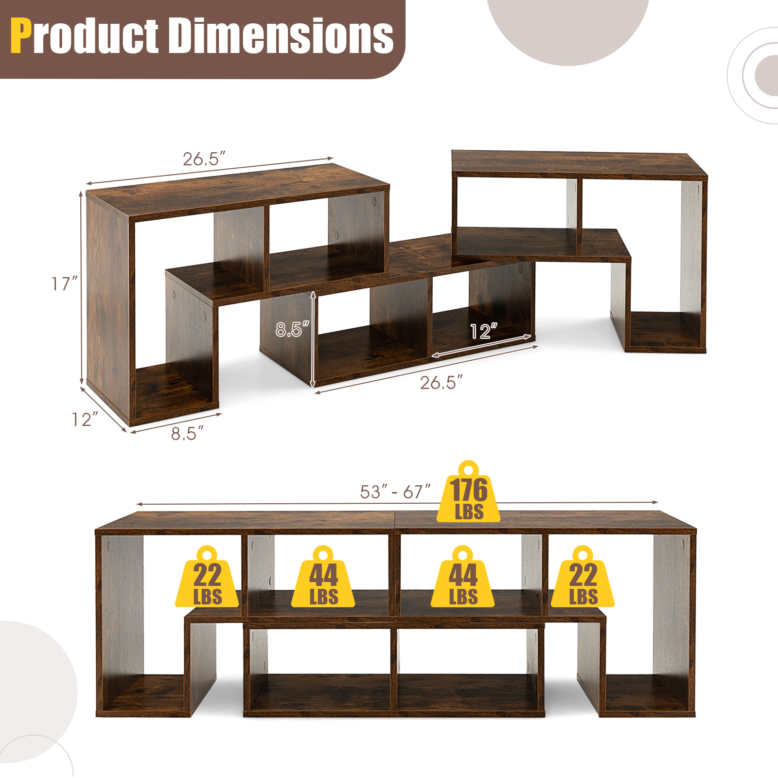 SUGIFT 3-Piece Brown Modular TV Stand for TVs up to 65 Inches, 6 Open Cubbies