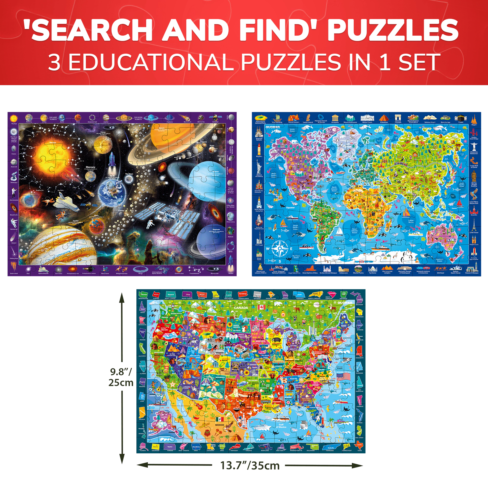 QUOKKA Educational Puzzle Set, USA Map, World Map & Solar System Jigsaw Puzzles, 100, 300 500 Piece, Ages 4+