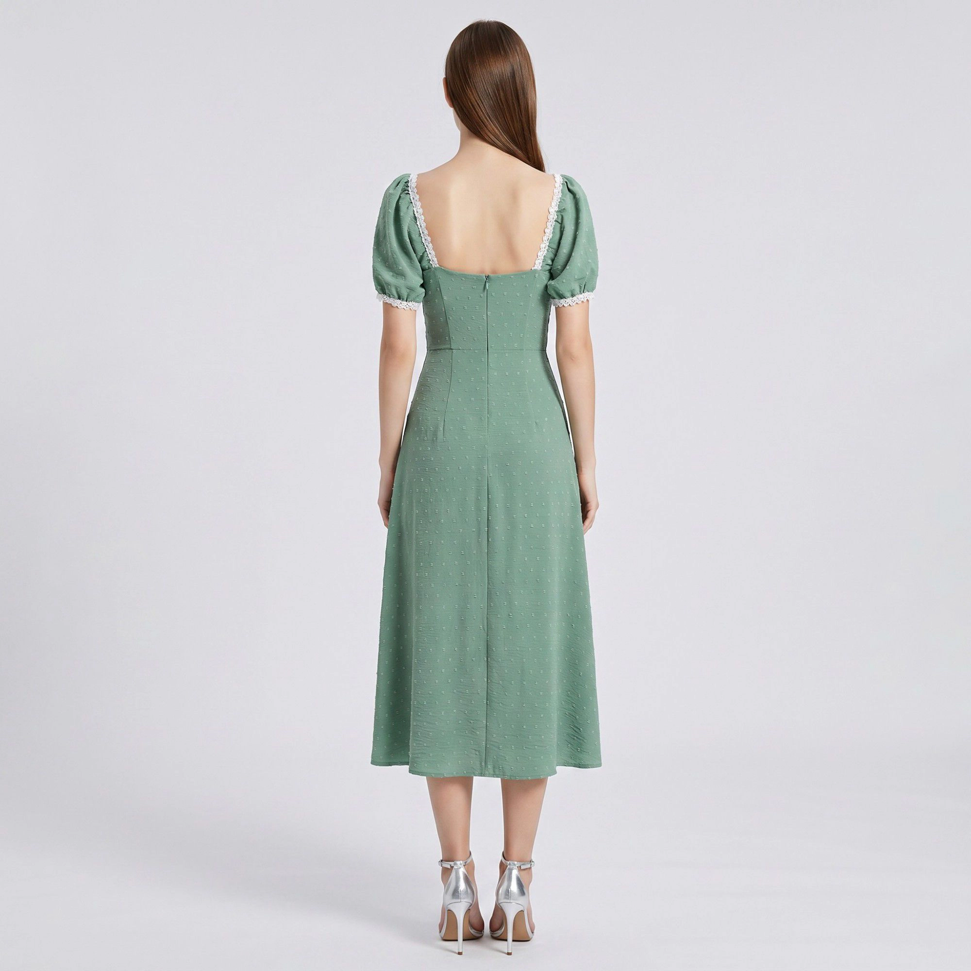 Anna-Kaci Women's Swiss Dot Puff Sleeve Lace Trim Square Neck Tie Front Slit Fitted Midi Dress