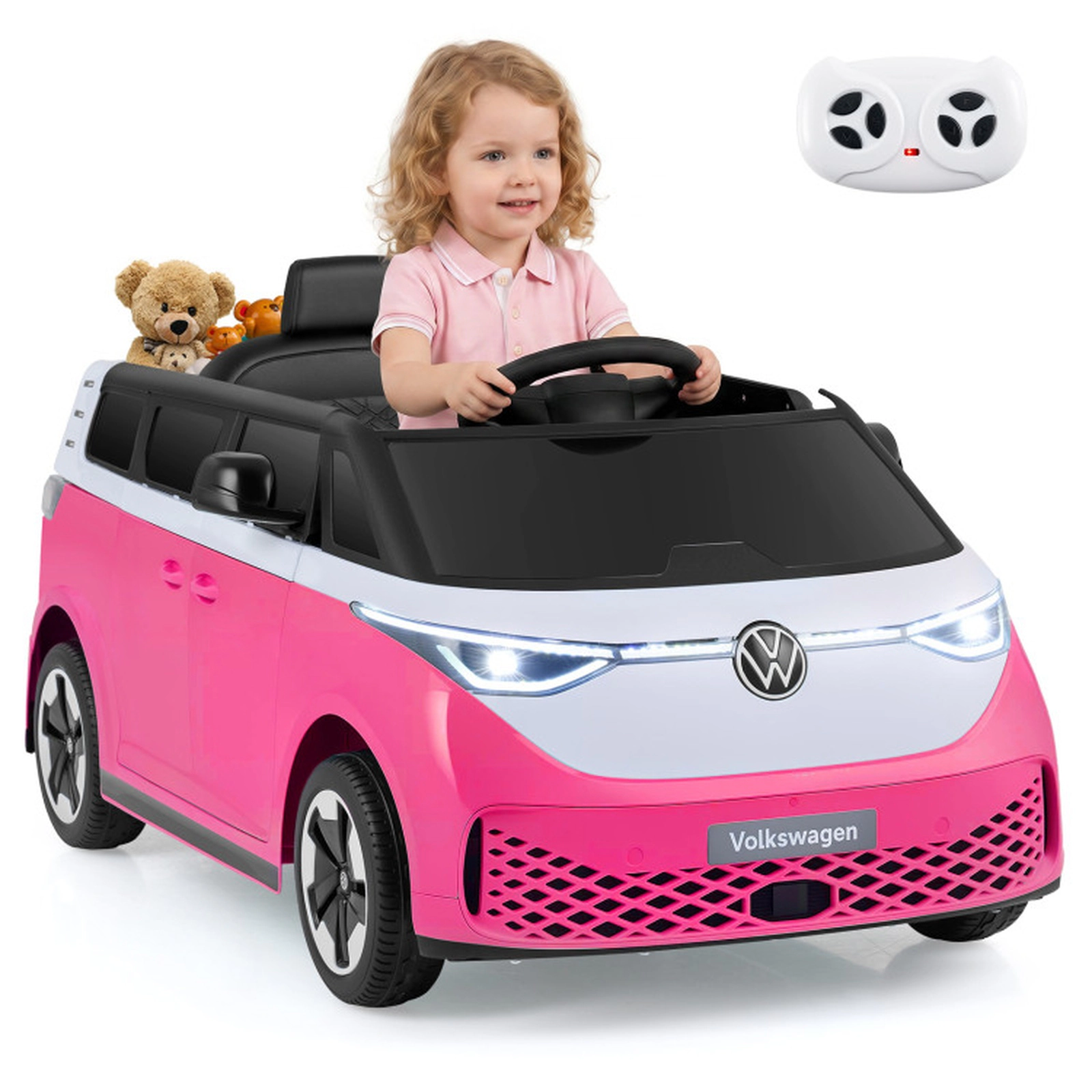 SUGIFT 12V Pink Kids Ride-On Bus with Licensed Volkswagen Body Music LED Headlights and Remote Control