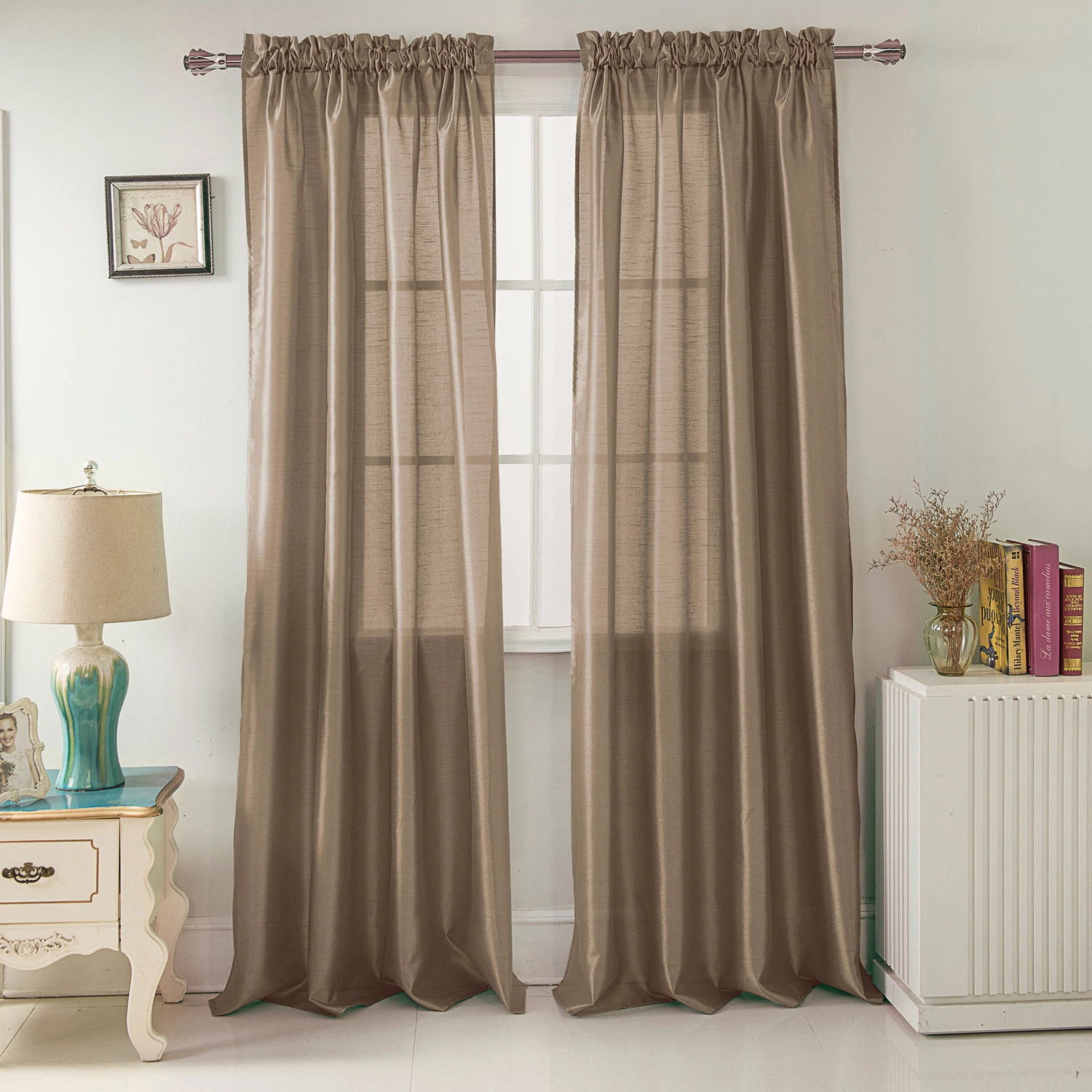 RT Designers Collection 100% Polyester 82 GSM Faux Silk Nikki Rod Pocket Curtain Panel 54" x 95" Taupe