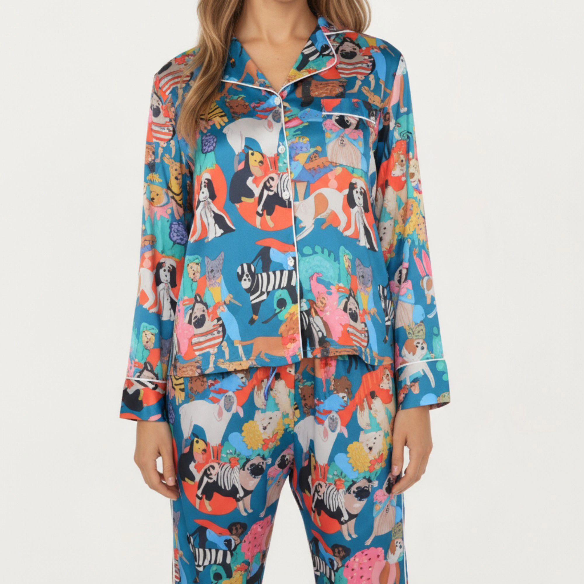 Anna-Kaci Women's 2-Piece Long Sleeve Button Front Top and Relaxed Fit Pants Pajama Set with Playful Dog Print