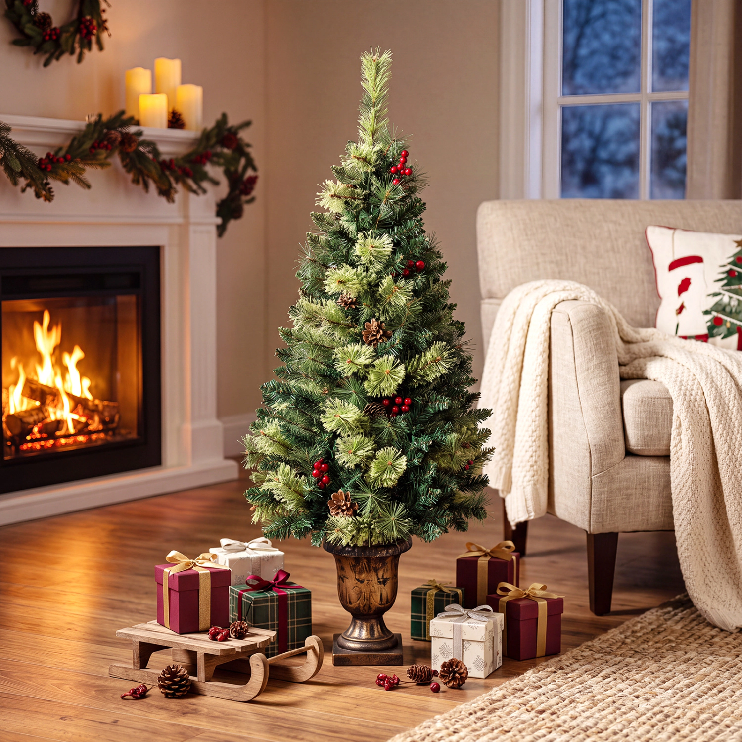 LJG LED Christmas Tree with Red Berries Pine Cones
