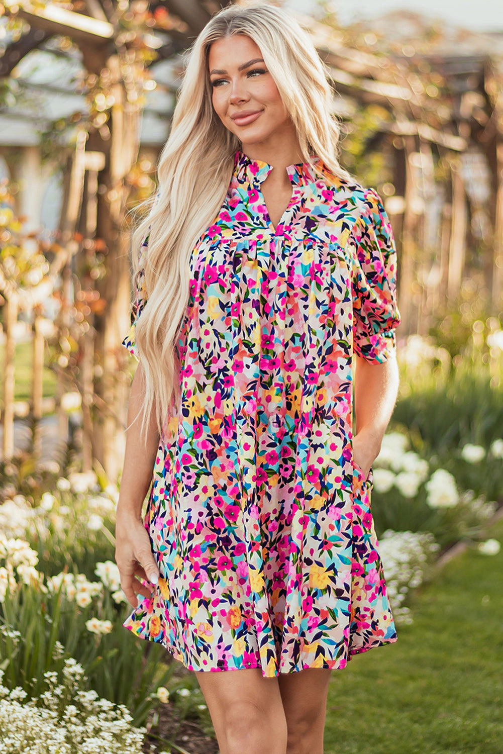 Threaded Pear Women's Hadlee Floral Puff Short Sleeve V Neck Mini Dress