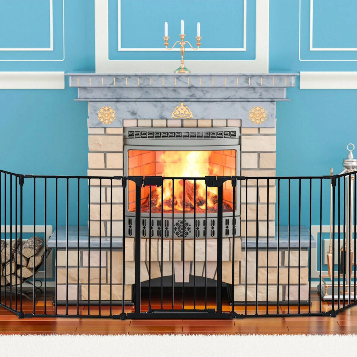 SUGIFT 115-in Length 5-Panel Adjustable Steel Fireplace Fence and Safety Gate 29-in Tall for Babies or Pets Black
