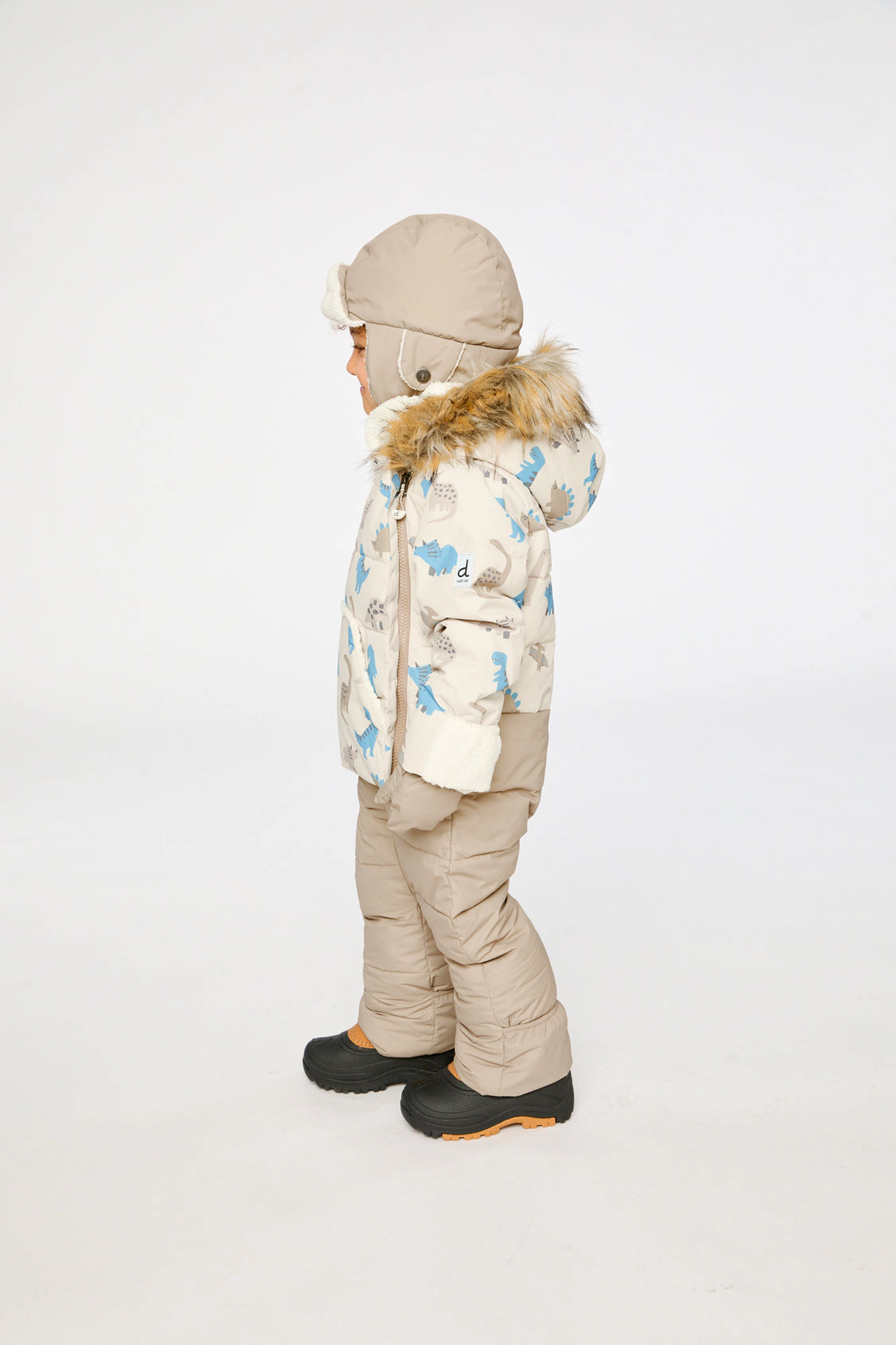Deux par Boys Snug Dinosaur Print One Piece Snowsuit Adapted for Car Seats with Faux Fur-Trimmed Hood