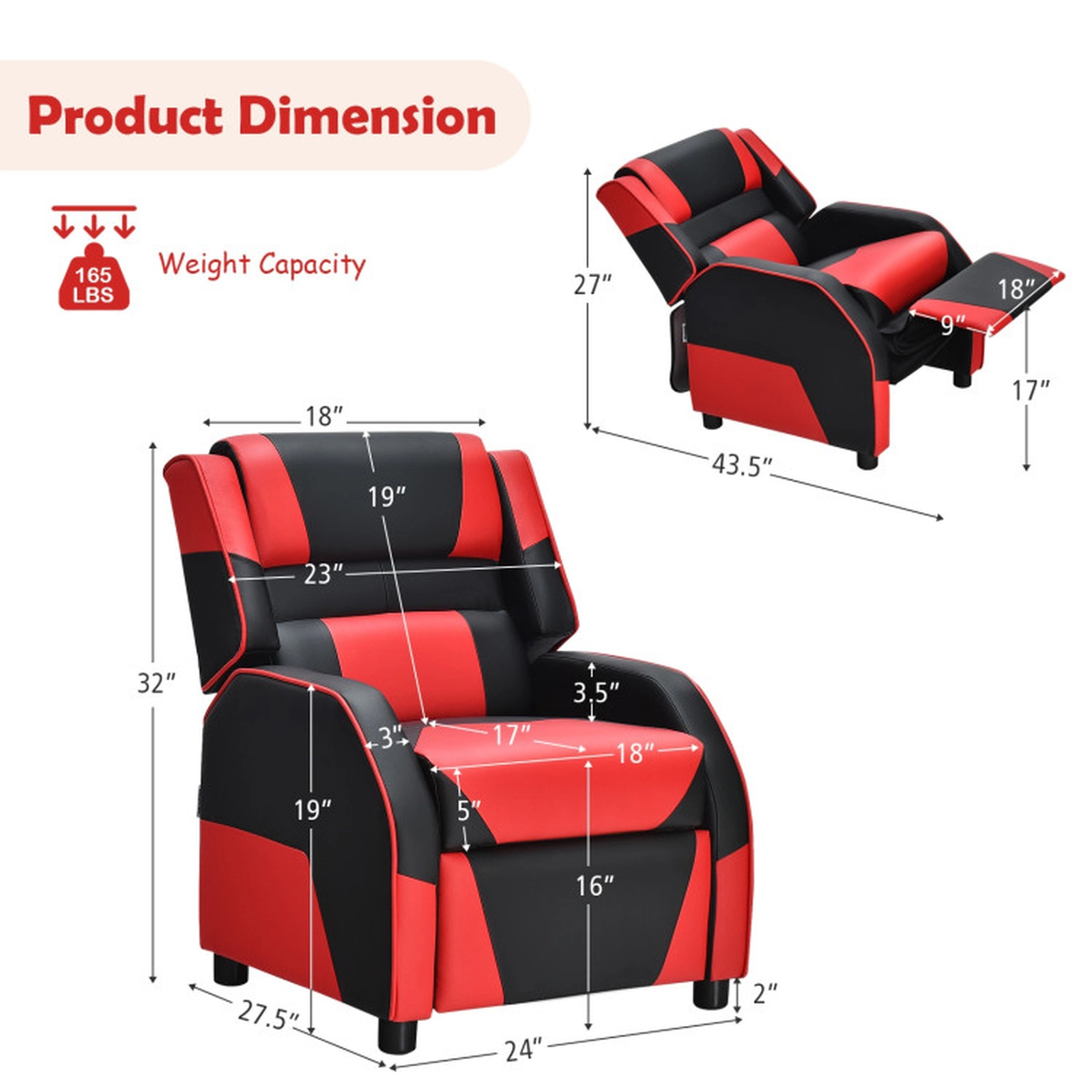 SUGIFT Kids Racing PU Leather Headrest Footrest Gaming Recliner 24-in x 27.5-in x 32-in 165-lb Capacity Ages 3+ Red