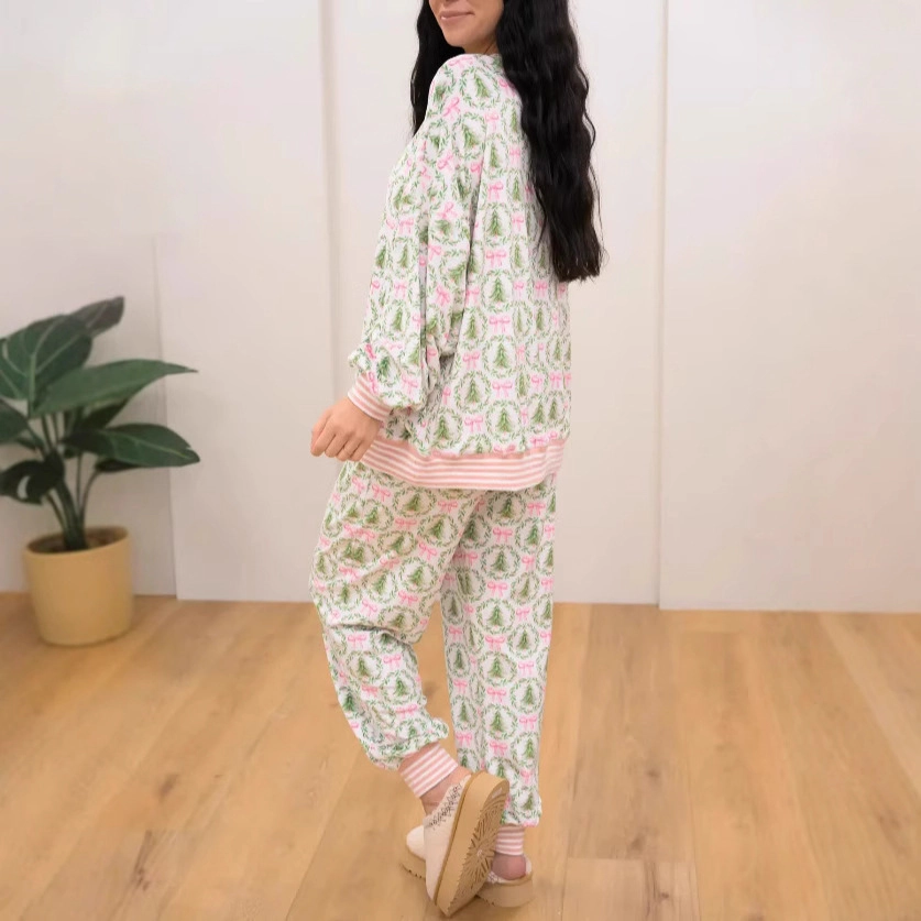 KOJOOIN Women Christmas Pajamas Set  2 Piece Long Sleeve Sleepwear Tree Bow Print Loungewear