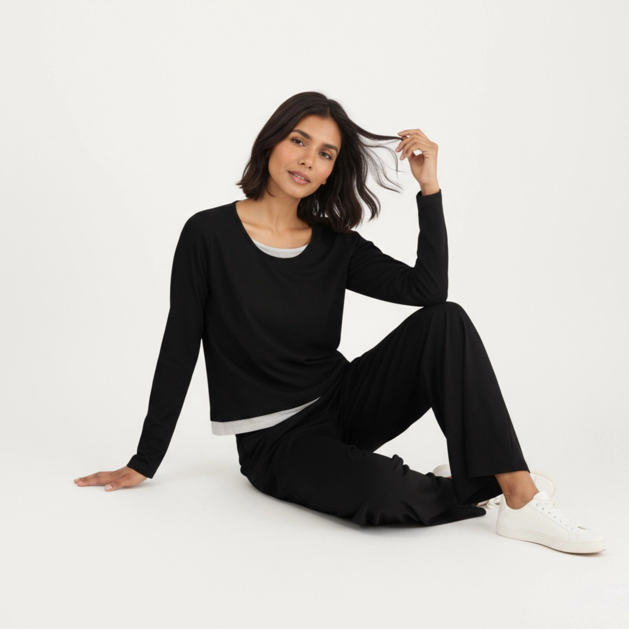 Anna-Kaci Women's 2-Piece Long Sleeve Scoop Neck Top with Contrast Layered Hem and Wide Leg Pants