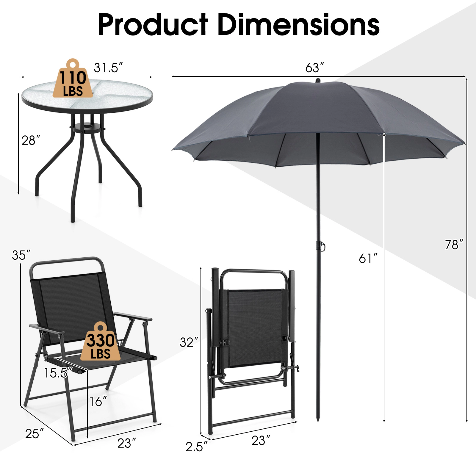 SUGIFT Gray Folding Chairs Tempered Glass Table and Tilt Umbrella 6-Piece Patio Dining Set