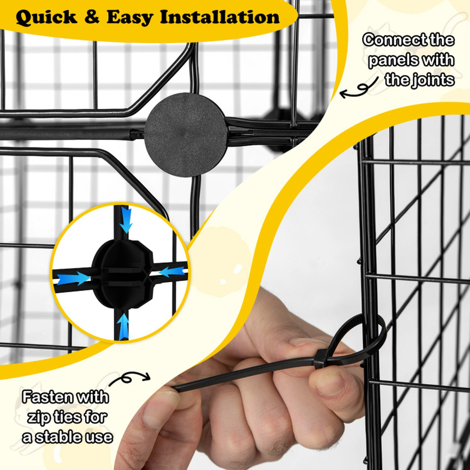 SUGIFT 3-Tier Indoor Cat Cage Black Detachable Metal Wire Enclosure with Hammer and Panels