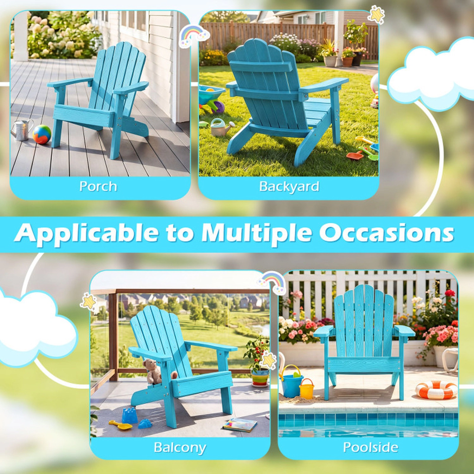 SUGIFT All-Weather Kids Adirondack Chairs 165-lb Capacity Ages 3-7 with Tilted High Backrest Turquoise