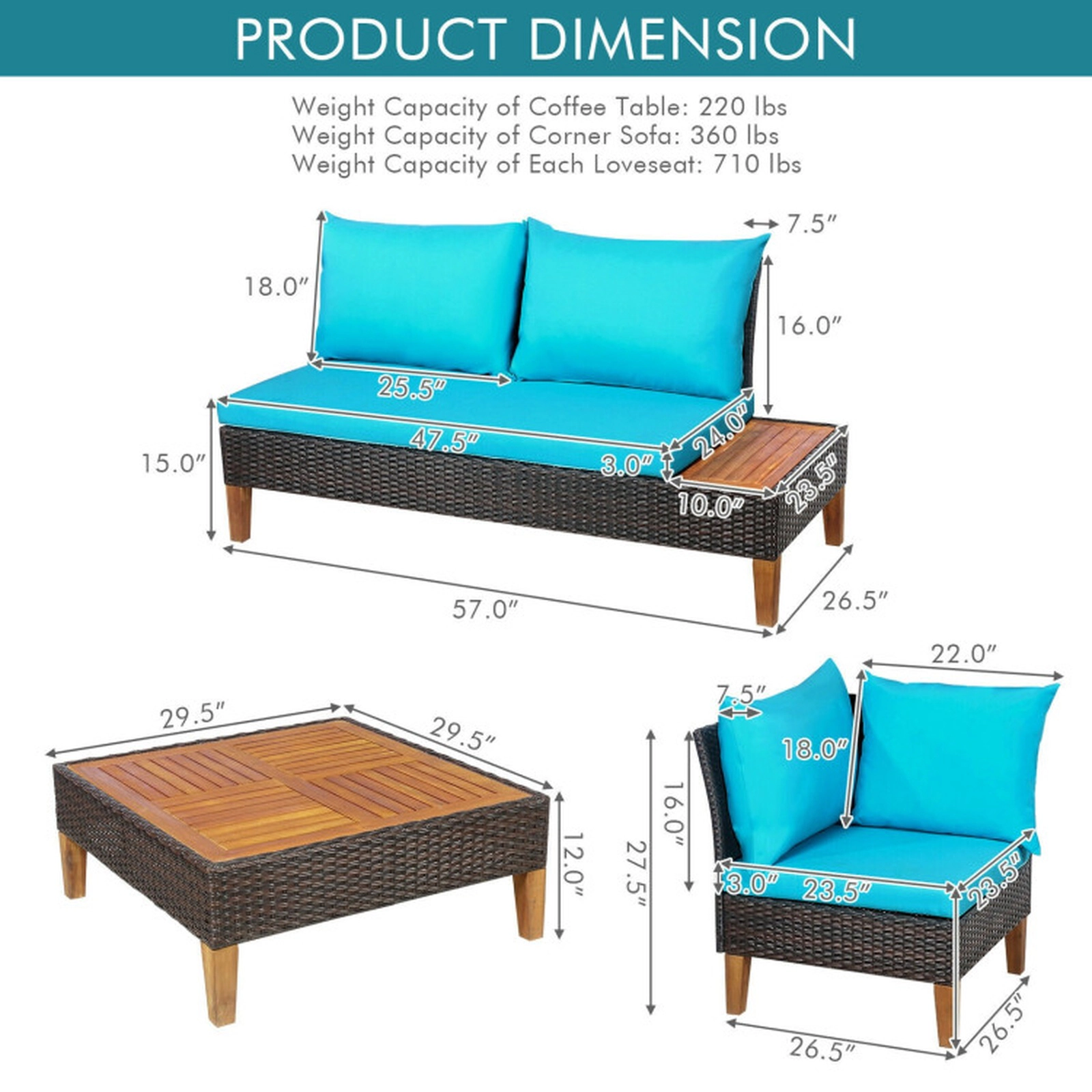 SUGIFT 4-Piece Turquoise Patio Rattan Sectional Set with Acacia Legs 15-in Seat H 710-lb Loveseat Capacity