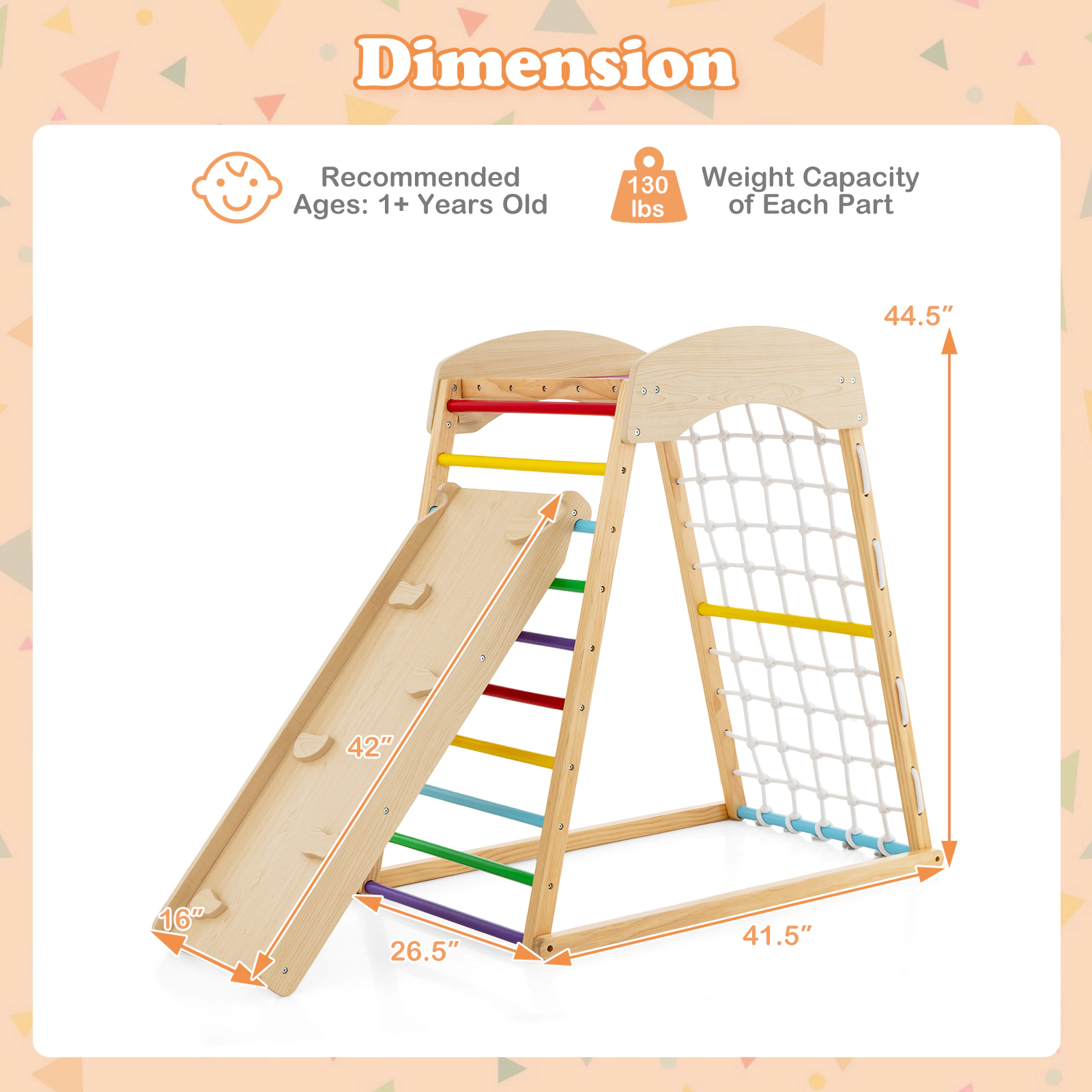 SUGIFT Multicolor 6-in-1 Wooden Kids Climber with Monkey Bars and Reversible Ramp 41.5-in W 26.5-in D 44.5-in H