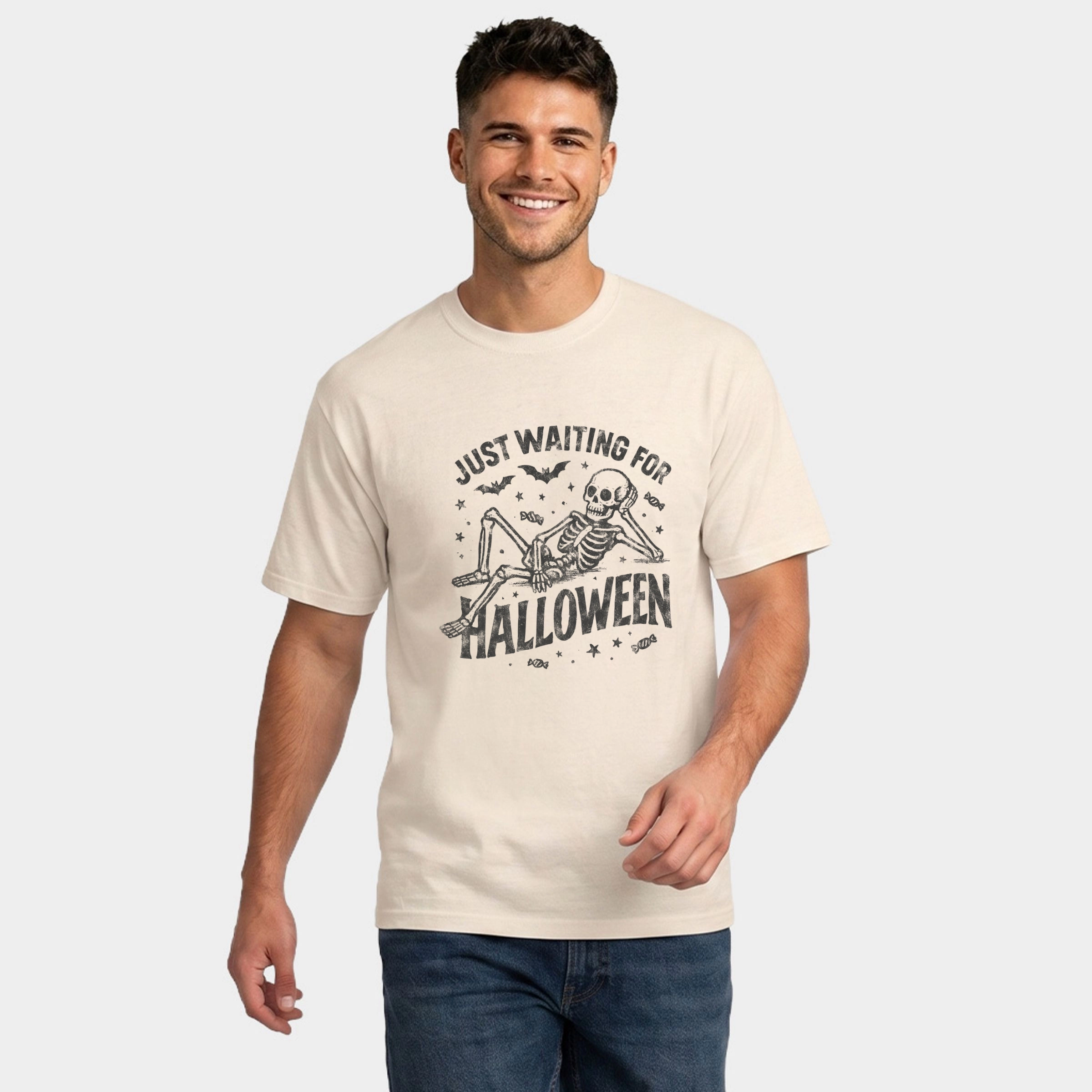 Simply Sage Market - Men's Garment Dyed Graphic T-Shirt Just Waiting For Halloween Skeleton