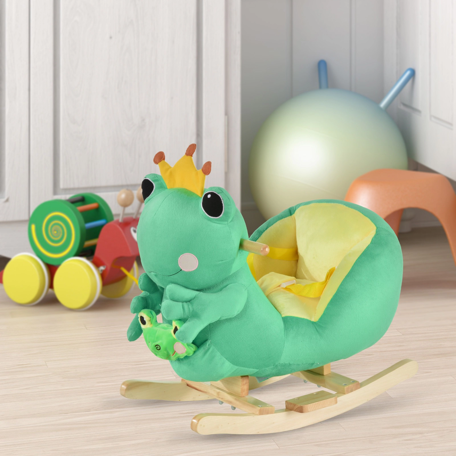 HONGGE Green Plush Frog Rocking Horse Ride-On Toy with Lullaby Sound and Seat Belt for Toddlers 18-36 Months