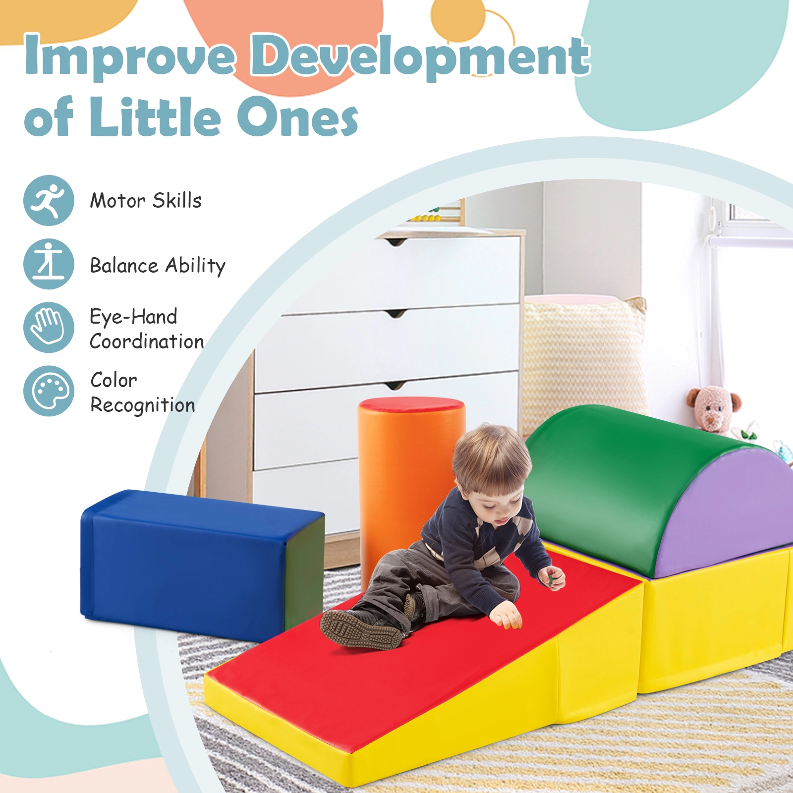 SUGIFT 5-Piece Foam Climb and Crawl Activity Playset with EPE Foam and PU Cover Multicolor Purple/Red/Navy/Green/Pink