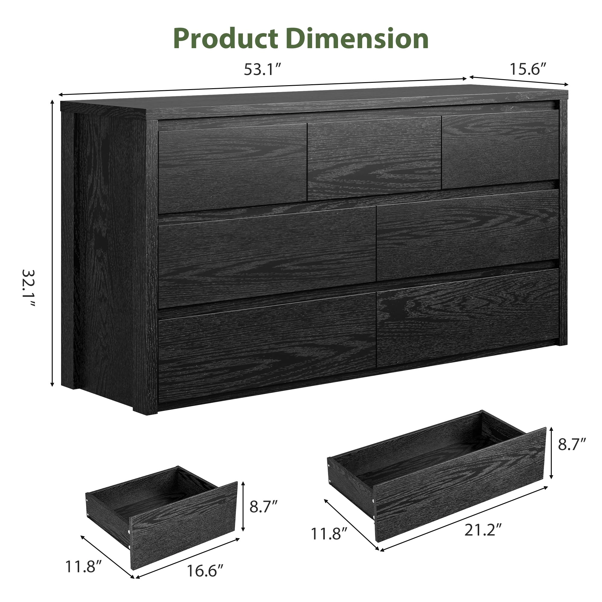 Modern 7 Drawer Wooden Dresser, Wide Minimalist Chest of Drawers for Bedroom or Living Room
