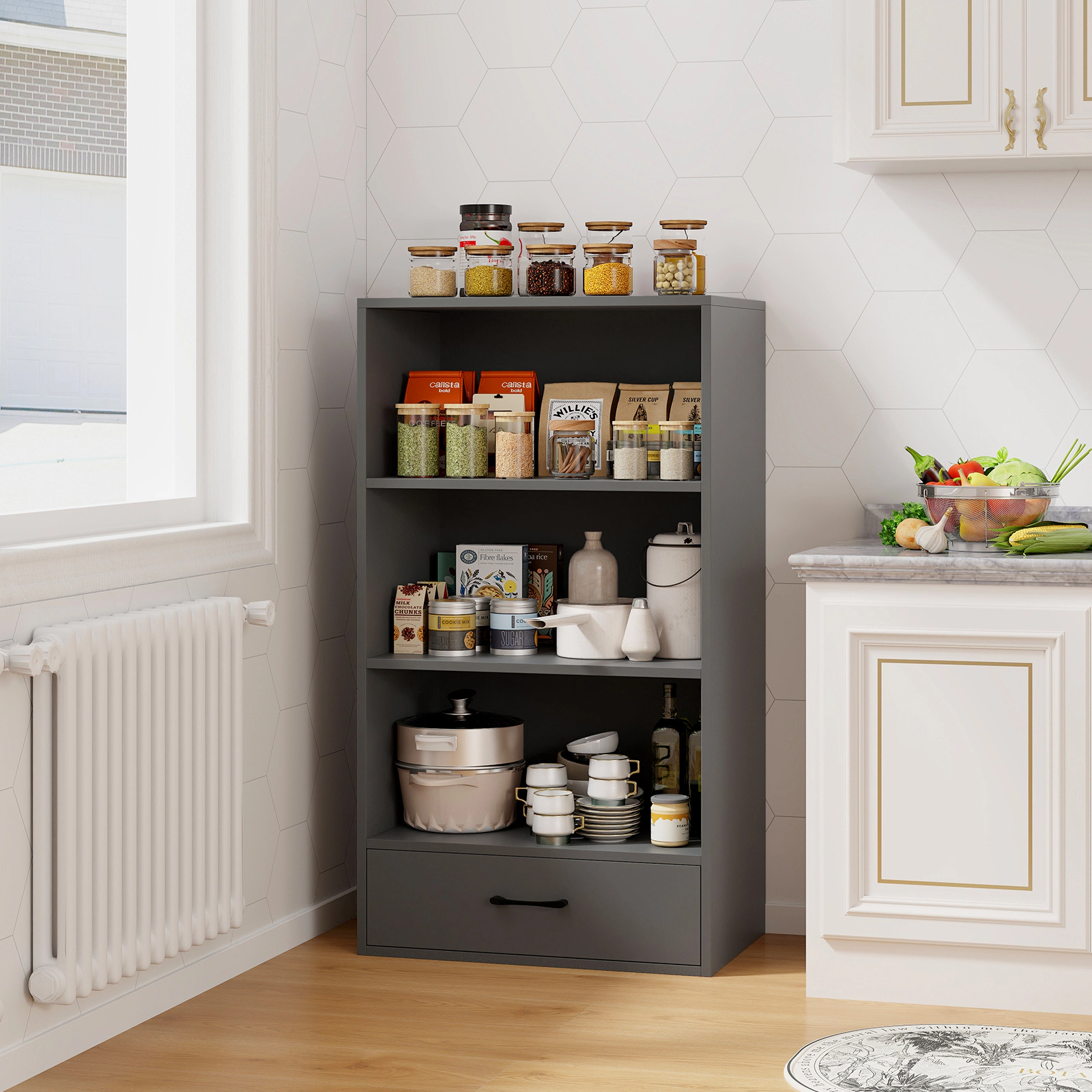 SUGIFT 4-Tier Gray 42.5-in Bookshelf with Drawer 3 Open Shelves 2 Anti-Toppling Kits and 88-lb Top