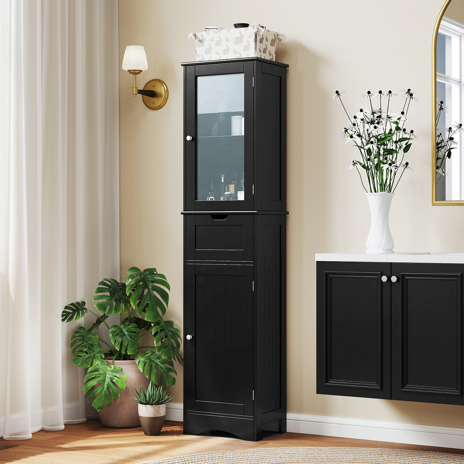 SlickBlue Tall Storage Cabinet with Glass Doors and Drawer