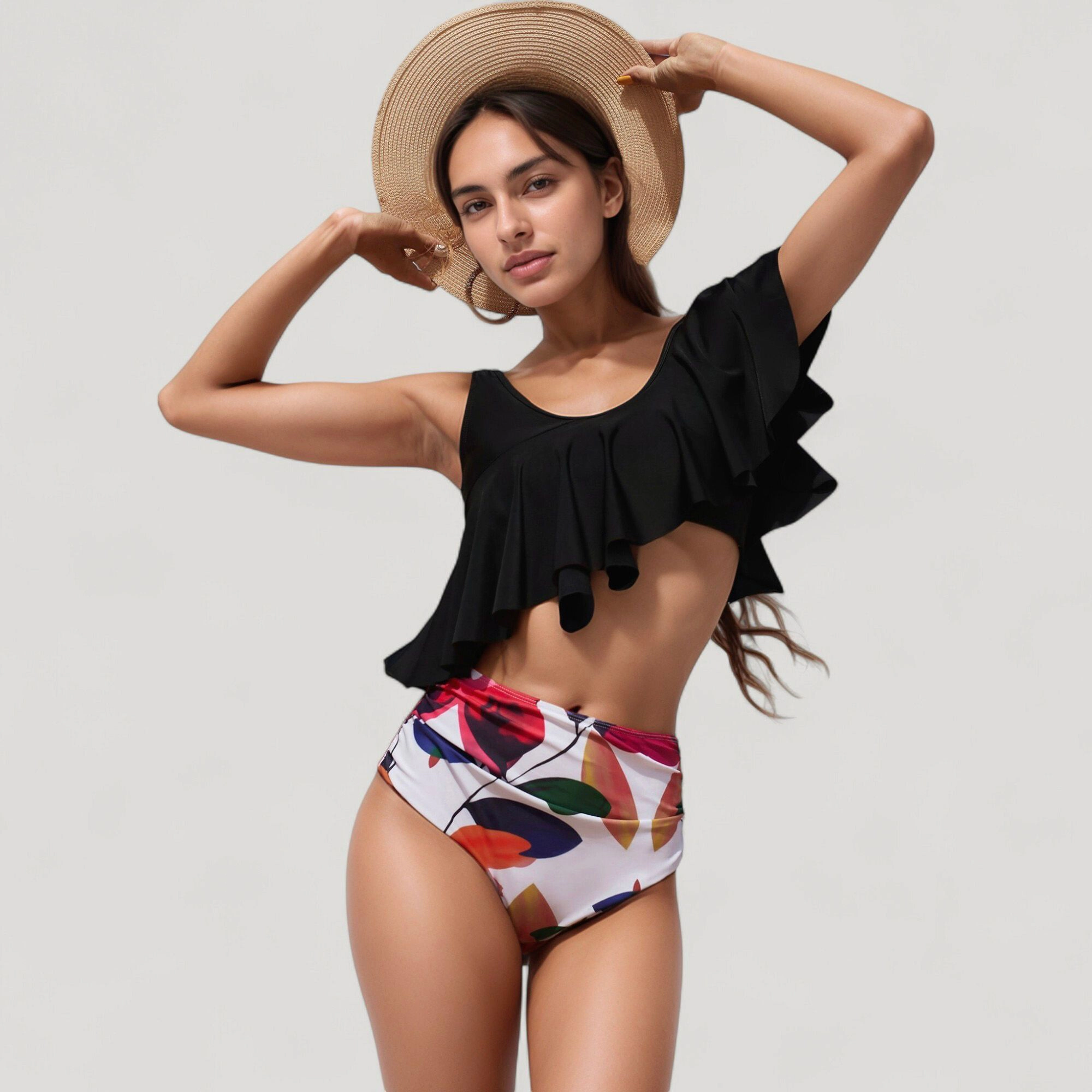 Anna-Kaci Women One-Shoulder Ruffle Bikini, Shirred High-Waist Floral Bottoms