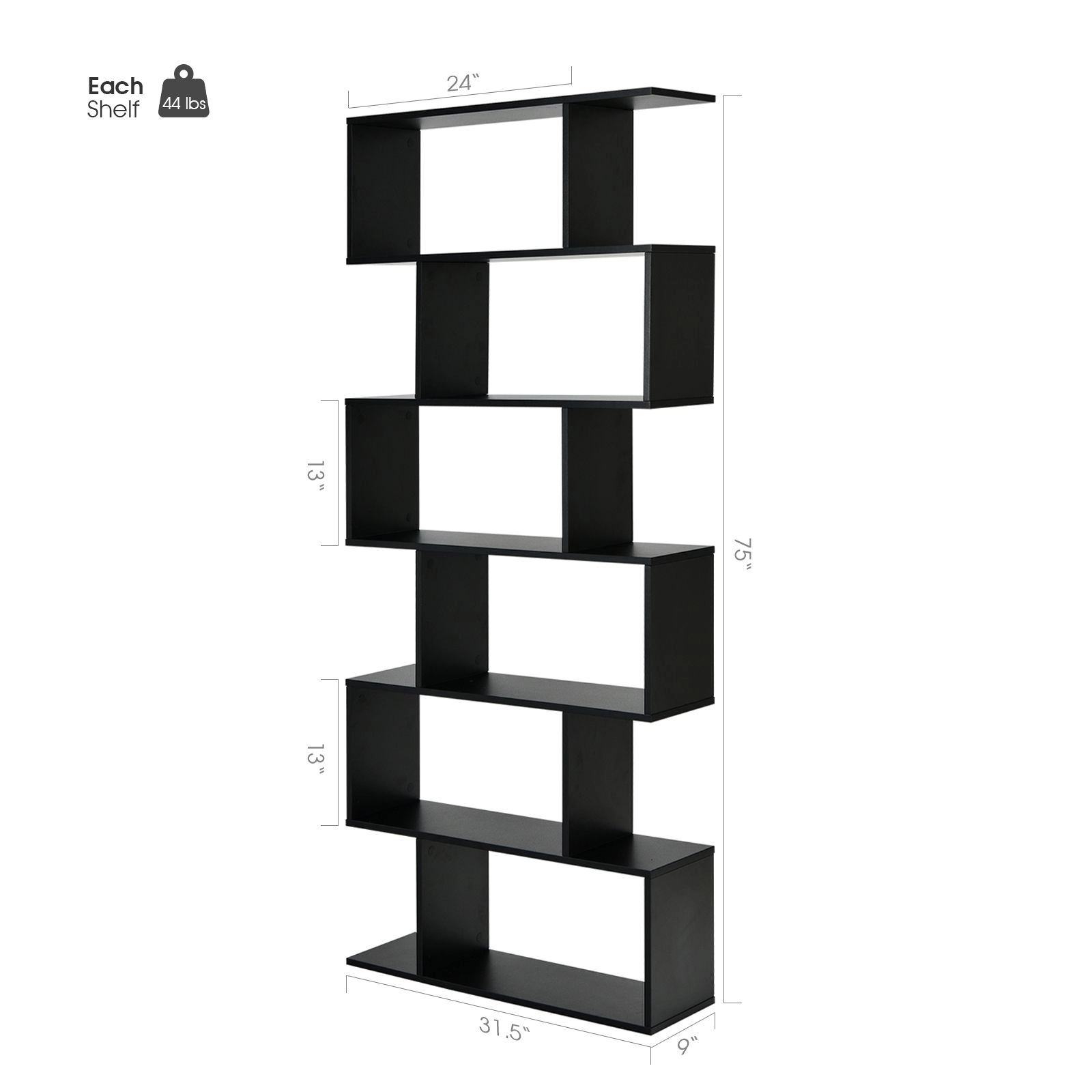 SlickBlue 6 Tier S Shaped Bookcase with Open Storage Shelves