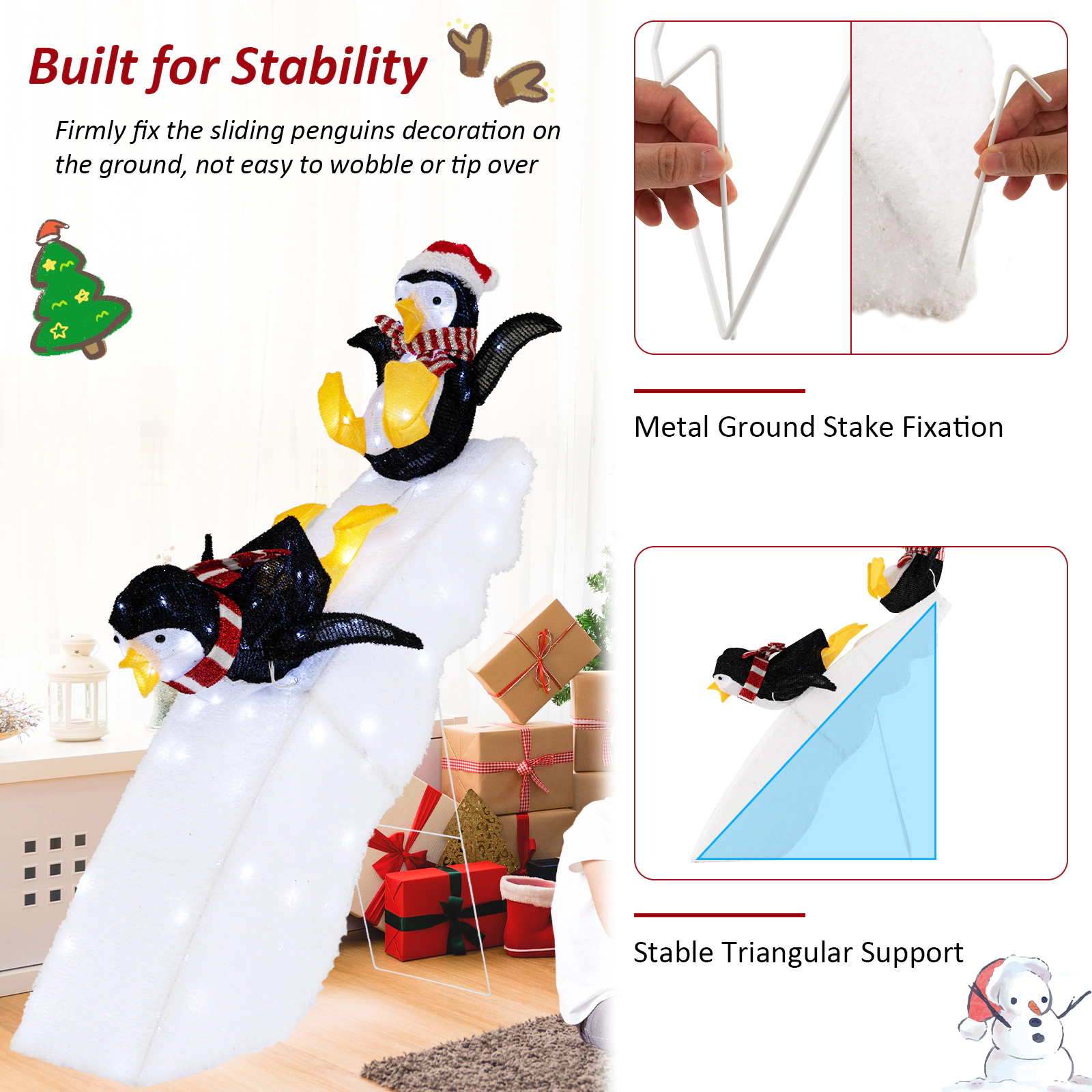 SUGIFT Lighted Black and White Christmas Penguin Yard Decoration with Snowy Slide and 130 LED Lights 3-ft W 4-ft H