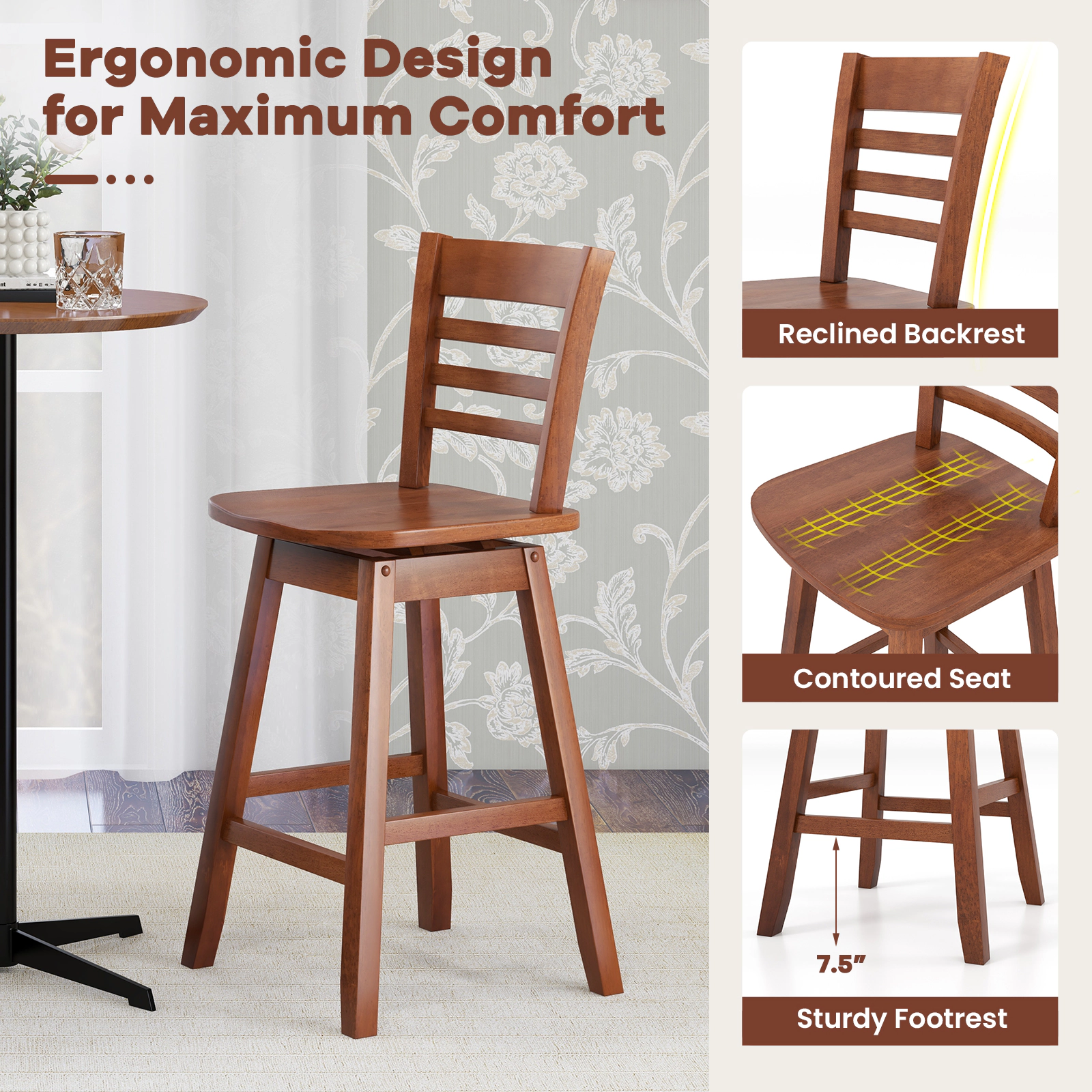 Glintex 2-Piece 24.5-Inch Swivel Counter Stool Set with Reclined Hollow Back, Walnut