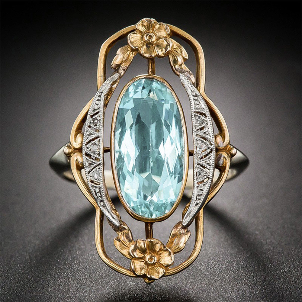 Wardrobe Whimsy Vintage Floral Oval Light Blue Cubic Zirconia Art Nouveau Statement Ring