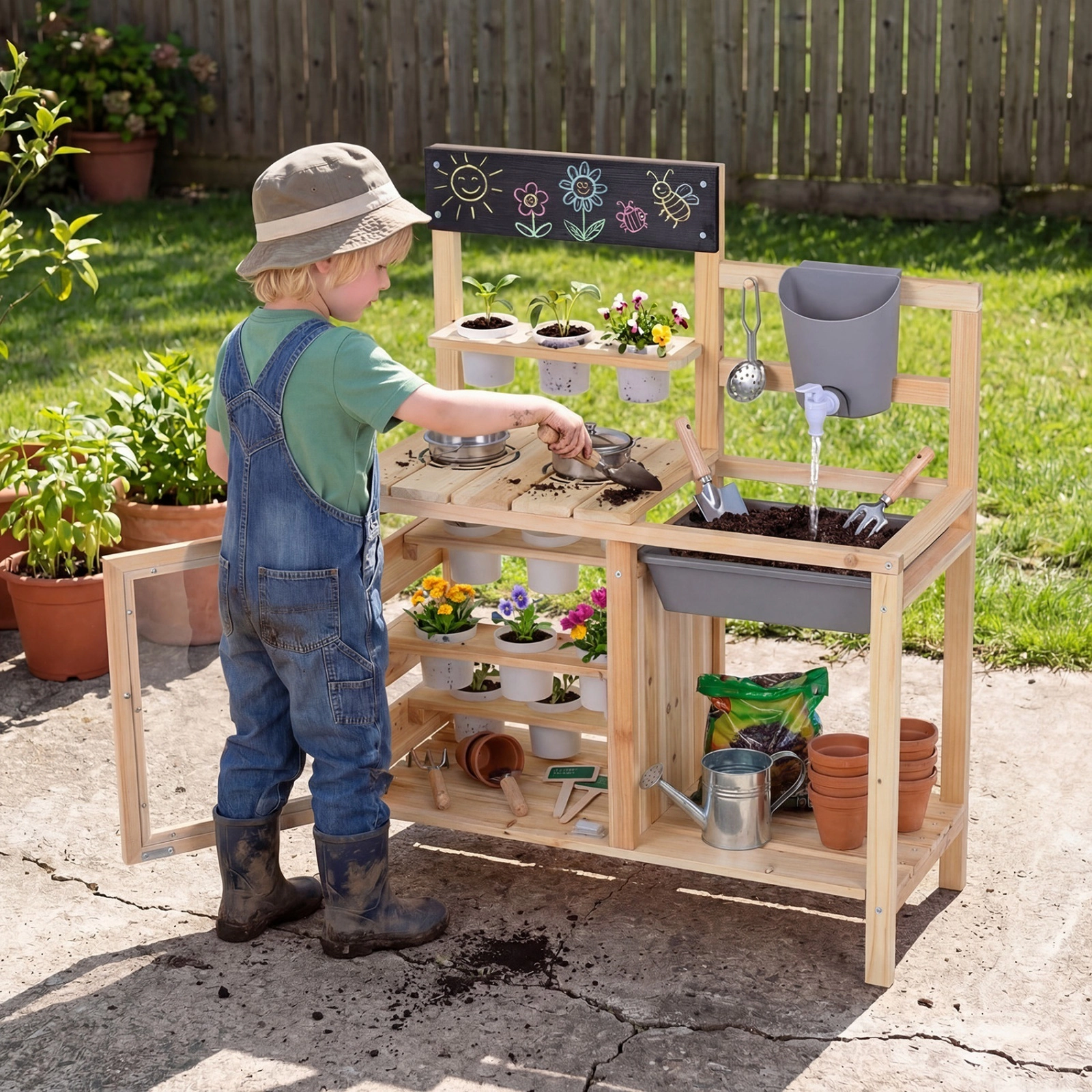 Mud Kitchen for Kids Plants Observation Room 12 Plant Cups Real Faucet 27-in Fir Wood Outdoor Play Sink Ages 3+ Natural