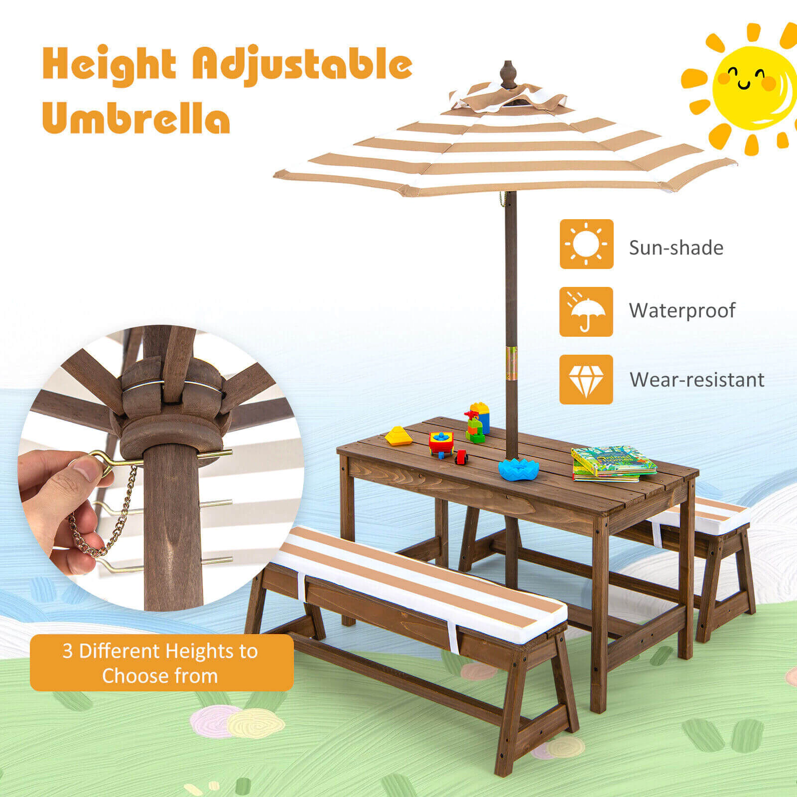 SUGIFT Brown Padded Cushions and Adjustable Umbrella Kids Fir Wood Picnic Table and Bench Set