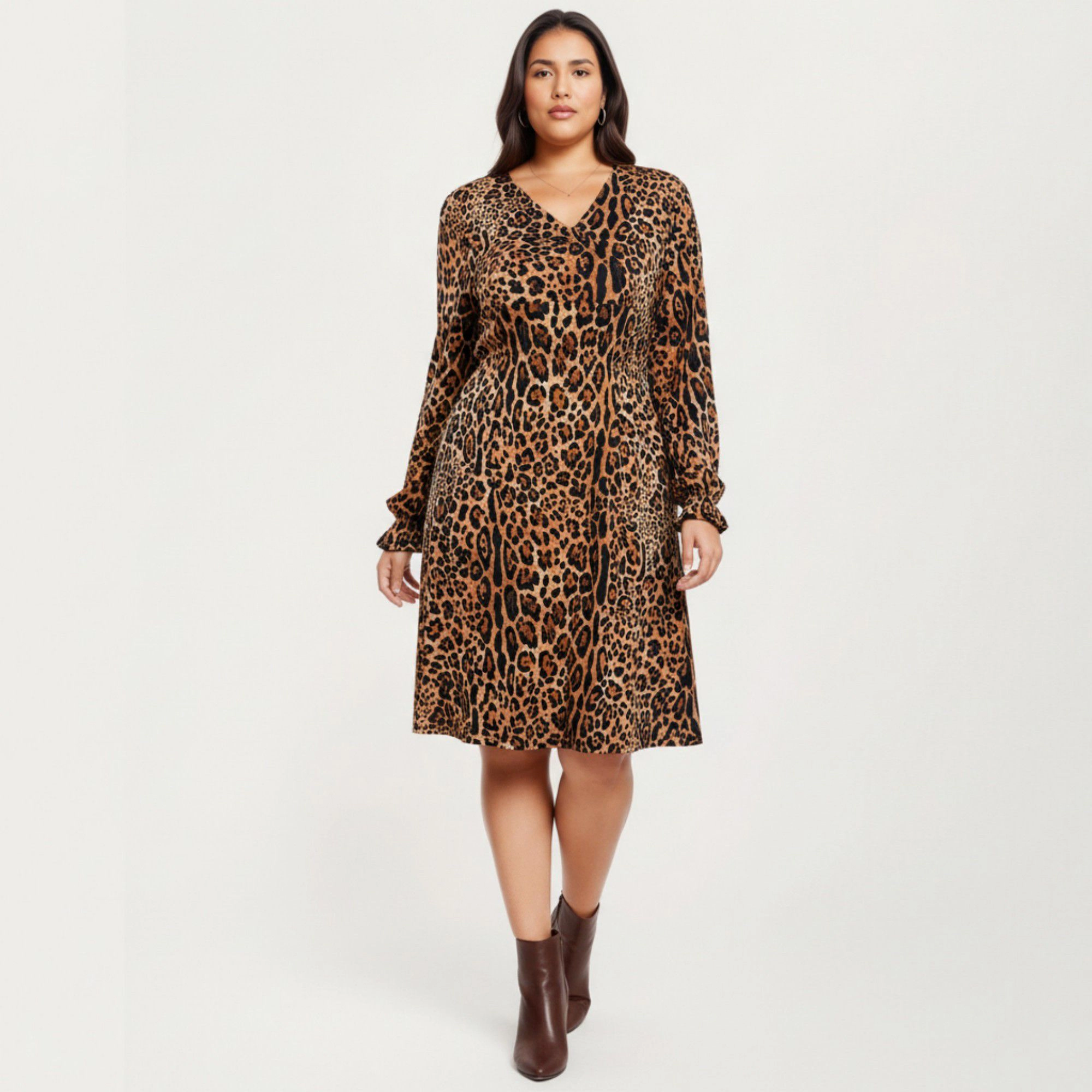 Anna-Kaci Women's Long Sleeve Leopard Print V Neck Elastic Waist Flowy A Line Fit Casual Midi Dress