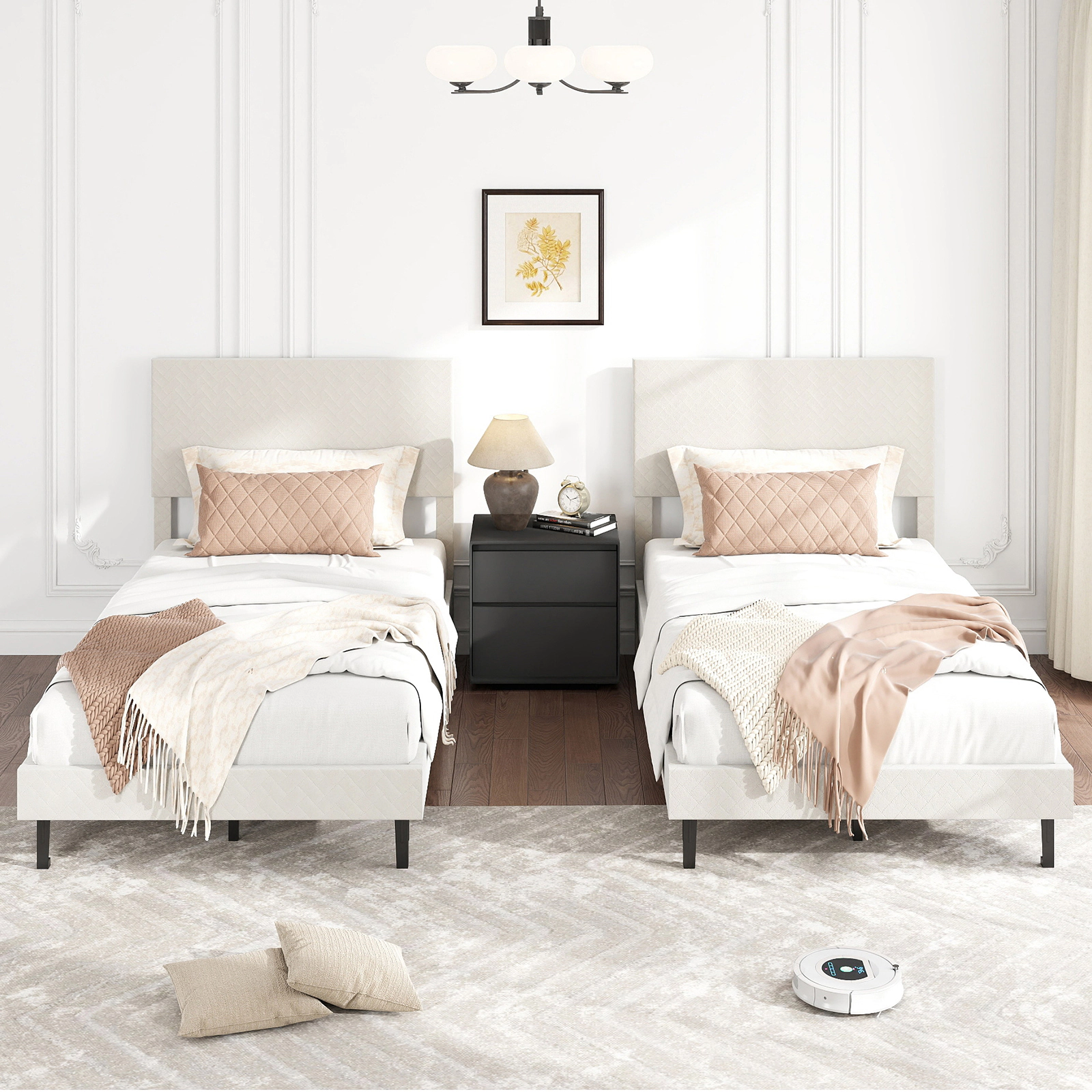 SUGIFT Height Adjustable Velvet Upholstered Twin Platform Bed Frame Chevron Headboard 500-lb Capacity 77.5-in Long Beige