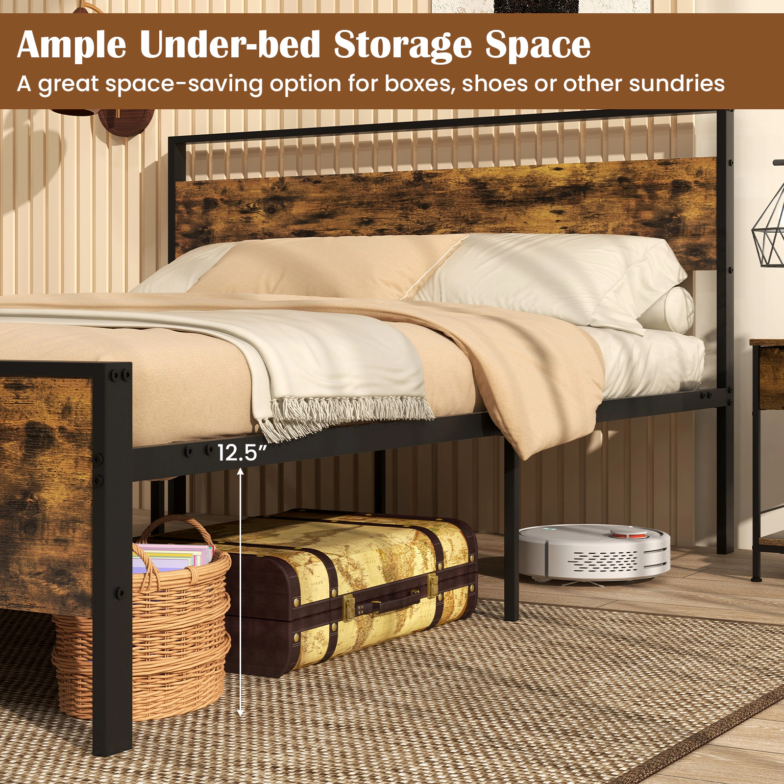 SUGIFT Rustic Wood & Metal Queen Platform Bed Frame with Headboard & Footboard 800-lb Capacity 84-in Length Rustic Brown
