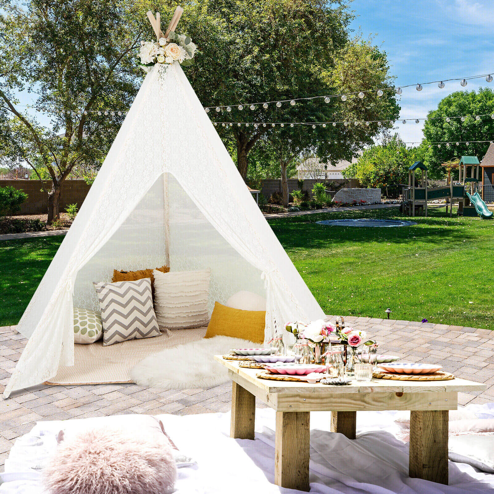 Lace Teepee Tent 85-in Tall Sleepover Tent for Children with LED Star Light Strings Pine Wood Poles White